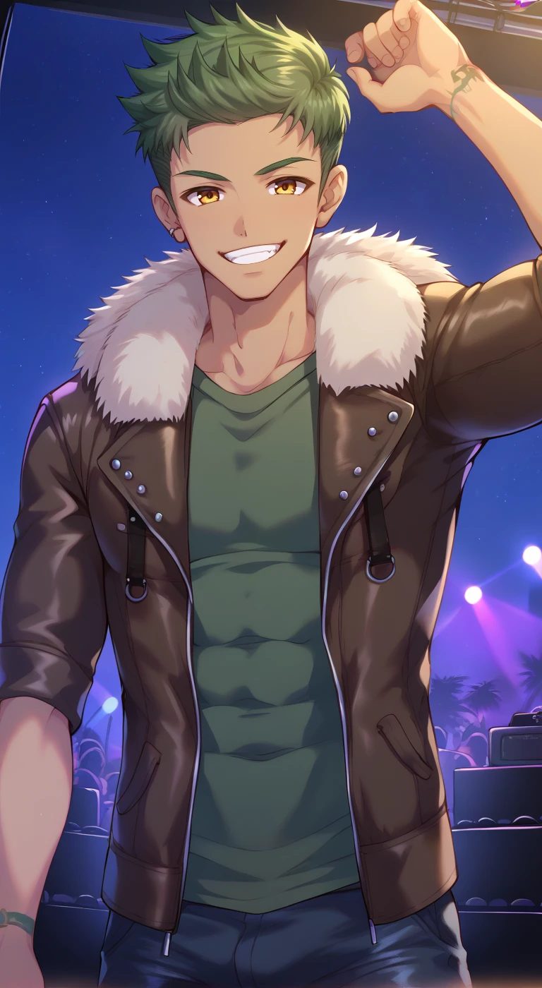 1boy,solo,male focus,smile,looking_at_viewer,aiden flynn,green hair,short hair,muscular male,yellow eyes,tattoo,dark skin,dark skinned-male,pectorals,green t-shirt,night,concert,leather jacket,naughty face,fur trim