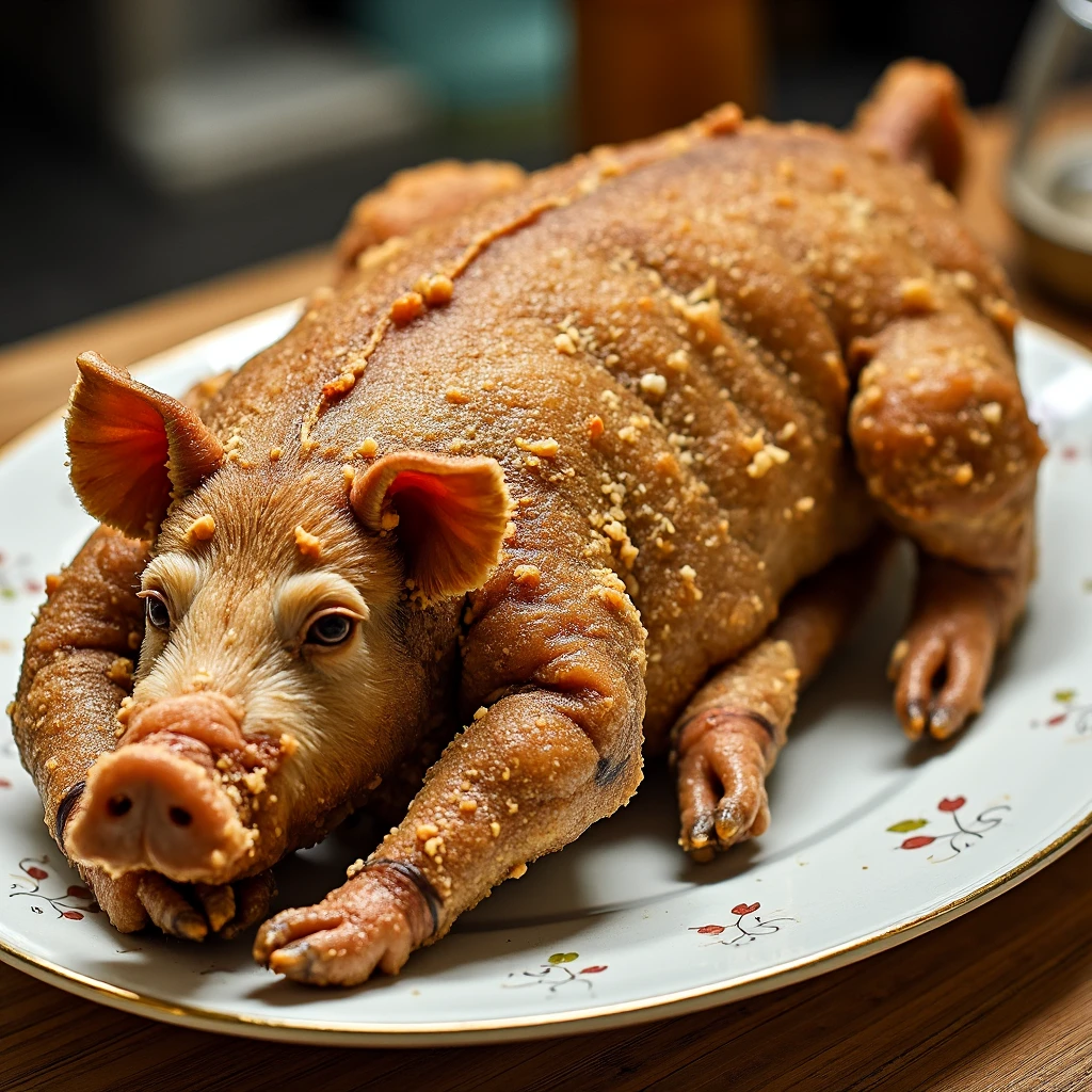 A whole roasted and deep-fried pig presented with dramatic flair: the entire pig golden-brown and glistening, its skin uniformly blistered and crispy across the massive form. Each section shows perfect crackling texture, from snout to tail. The impressive display reveals expert oil-blanching technique creating that signature crackling exterior while maintaining succulent meat beneath. Positioned in grand presentation style on a specially reinforced serving platform, garnished with traditional accompaniments.