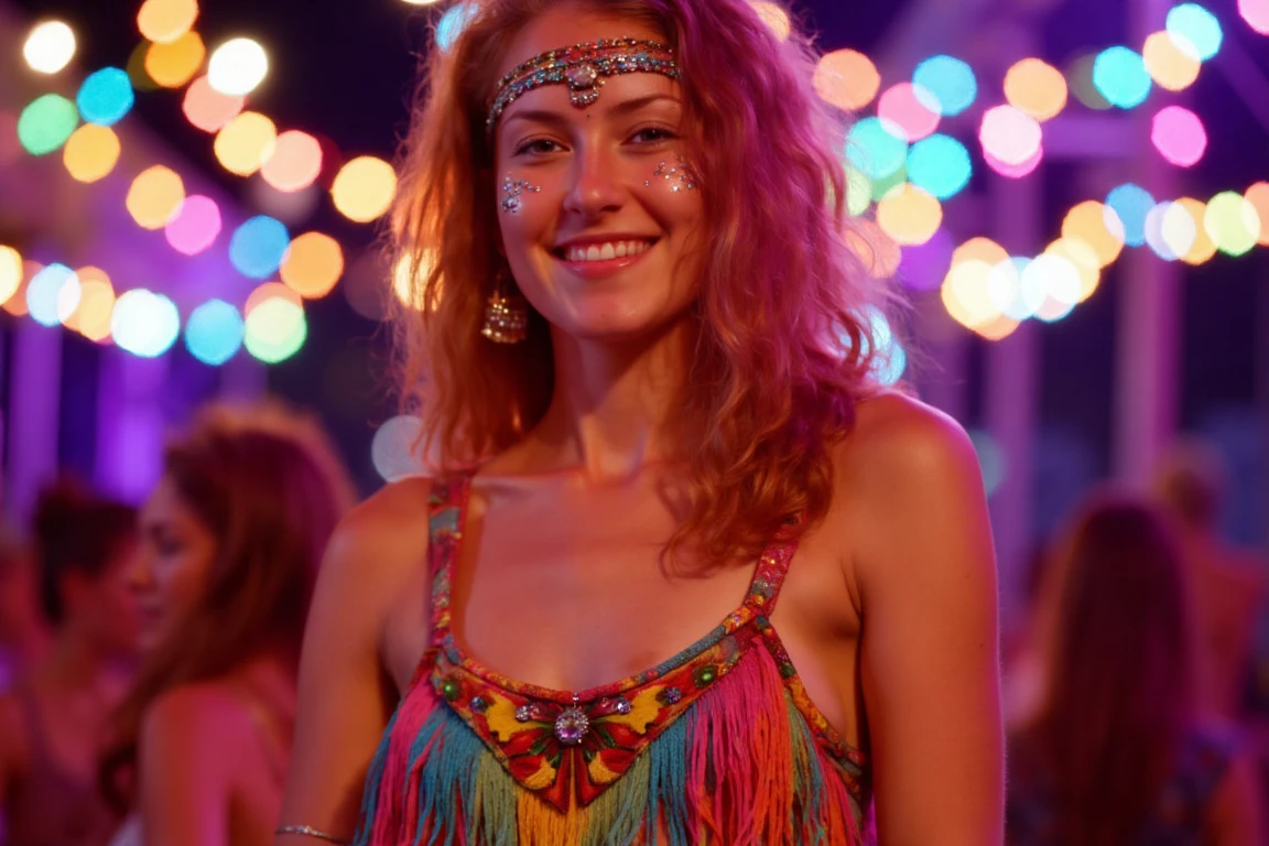 hippiebeauties, ultra realistic, ultra detailed textures and colors, half body shot, under vibrant string lights at a music festival, a hippie woman smiles, her face painted with glittery swirls and small jewels. She wears a fringe vest over a colorful crop top. Shot with a 35mm lens, the half-body composition captures her carefree pose, with colorful lights reflecting in her eyes. Low-light photography techniques with a wide aperture create a cinematic, lively background while keeping her face perfectly in focus.