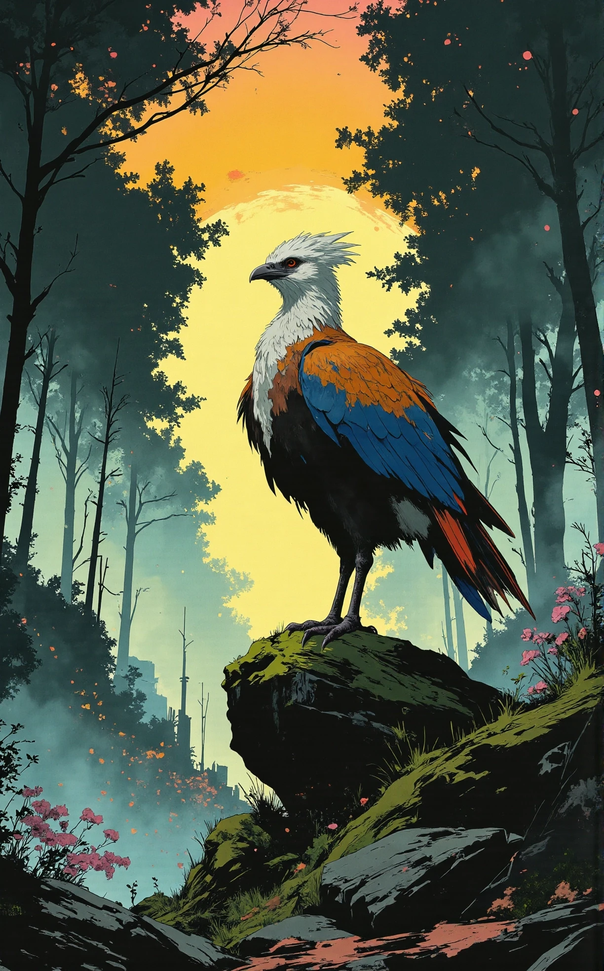 Off-center composition, right-aligned dynamic composition, The image is a digital illustration of a mythical creature standing on a moss-covered rock in the middle of a forest. The creature appears to be a phoenix, with its wings spread wide, as if it is about to take flight. The bird's feathers are a mix of blue, brown, and white, with hints of orange and yellow. The head of the creature has a white feather-like structure on top, resembling a crown. The background is filled with tall trees and shrubs, with a hint of pink and orange flowers scattered throughout. The sun is shining through the trees, creating a warm glow on the scene. The overall mood of the image is peaceful and serene., dark and dim light, anime artwork comic anime art by Katsuhiro Otomo, manga, romanticism art by John Martin, Painting, , Romantic landscapes, apocalyptic themes, dramatic skies, cyberpunk, detailed, post-apocalyptic, gritty . graphic illustration, comic art, graphic novel art, vibrant, highly detailed . anime style, key visual, vibrant, studio anime, highly detailed