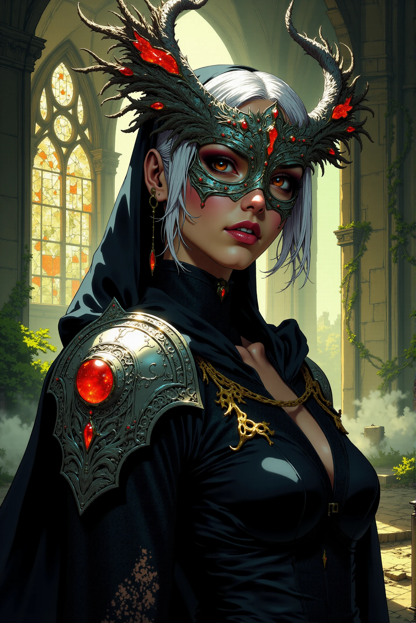 <lora:FANCHA_style:0.75> FANCHA style.
The central figure is adorned in an elaborate metallic mask that gleams with intricate filigree and embedded jewels of deep crimson and amber. The maskâs ornate design extends outward, curling into delicate tendrils that evoke an air of mysticism and regality, with subtle etched patterns resembling flowing vines or ancient glyphs. The jewels catch the light with a fiery brilliance, their warm tones contrasting with the polished silver and darker hues of her attire. Her piercing gaze emanates a sense of authority and mystery, framed by softly curling strands of her platinum-white hair that cascade gracefully down her shoulders. Her garment is a masterful blend of gothic elegance and armor-like detailing. The black lace that drapes around her neck and shoulders shimmers faintly with embedded beads, creating a star-like constellation effect under the light. Her shoulder armor, crafted from the same silver metal as her mask, features embossed patterns that mirror the natural motifs of the mask, with tiny inset gemstones glowing faintly in warm orange tones. The delicate lace contrasts sharply with the hard, gleaming surface of the armor, merging fragility and strength in her appearance. The background reveals the remnants of a crumbling cathedral bathed in a soft, ethereal light. Towering arches and broken stained-glass windows cast kaleidoscopic patterns of color onto the stone floor, blending jewel tones of emerald, sapphire, and ruby with the natural golden glow of sunlight filtering through gaps in the ancient structure. Vines and creeping ivy crawl up the walls, adding a touch of natureâs reclamation to the scene. Wisps of mist swirl around the lower edges, creating an atmosphere of both decay and reverence. In comic style, bold, defined outlines emphasize the sharp contrasts between light and shadow, adding depth to her intricate armor and delicate lace. Rich colors highlight the jewels and the stained-glass hues, while soft gradients bring life to her hair and skin. The backgroundâs interplay of ruin and light is accentuated with dynamic shading, creating a balance of vivid detail and atmospheric mood. This composition draws attention to the character as a commanding yet enigmatic figure, blending beauty, power, and mystery in an iconic visual narrative.