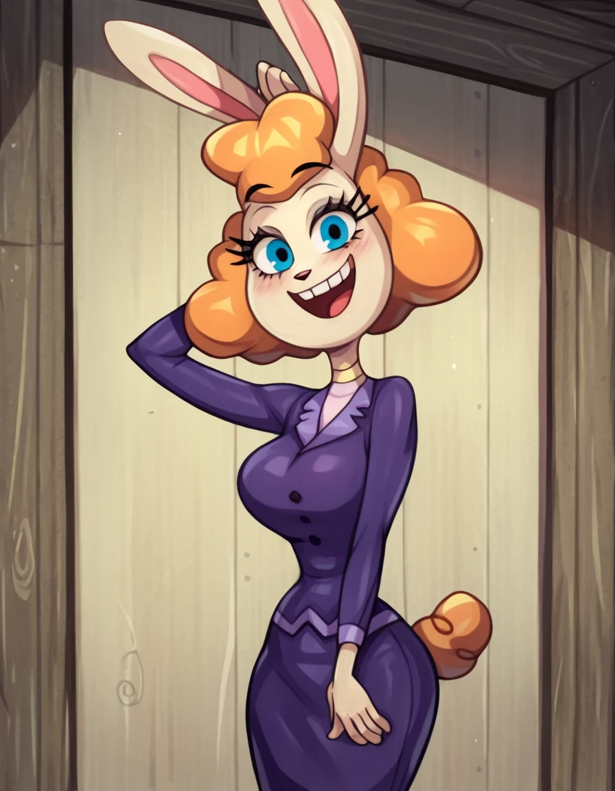 <lora:TammyT.U.F.FPuppyPony1.0:1> tammy, furry female, 1girl, rabbit girl, orange hair, rabbit ears, solo, formal, long sleeves, blue eyes, rabbit tail, buttons, purple skirt, purple jacket, smile, score_9, score_8_up, score_7_up, score_6_up, score_5_up, score_4_up, looking at viewer, cyancapsule, large breasts, open mouth,