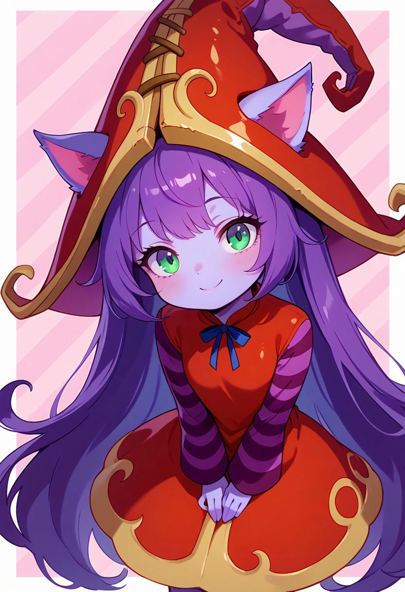 zzLulu, long hair, purple hair, green eyes, animal ears, witch hat, purple skin, ears through headwear, very long hair,  long sleeves, hat, dress, red dress, red headwear, ears through headwear, striped sleeves, yordle,
,smile, looking at viewer, pretty background,