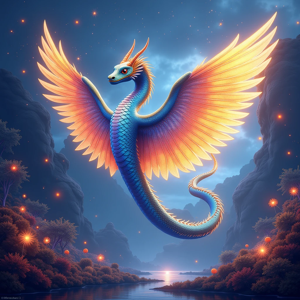 psychedelic style ethereal fantasy concept art of  a beautiful painting of a flying serpent, impressionist ambience , beautiful and surreal, with luxurious sharp focus, intense vibrant colors, dynamic shadows, dramatic lighting, soft shadows, in the early morning, blue hour,  cinematic flying serpent is erched gracefully on an interesting sky mystical open space. Its iridescent wings shimmer in various hues of  golden and silvery majestic colors, catching the soft, magical presence of this lovely creature. the creature scales gleam like precious gems, the creature has a majestic crest on top of his head and small horns to the side,  reflecting the vibrant colors of the surrounding flora, volumetric lighting,  The background is filled with ethereal light, fireflies dancing in the air, and mysterious, glowing plants that add to the otherworldly atmosphere. The scene is filled with magic and myth, with intricate details that draw the viewer into this magical realm." <lora:windserpents:1> fsp, fsx, fxs . magnificent, celestial, ethereal, painterly, epic, majestic, magical, fantasy art, cover art, dreamy . vibrant colors, swirling patterns, abstract forms, surreal, trippy