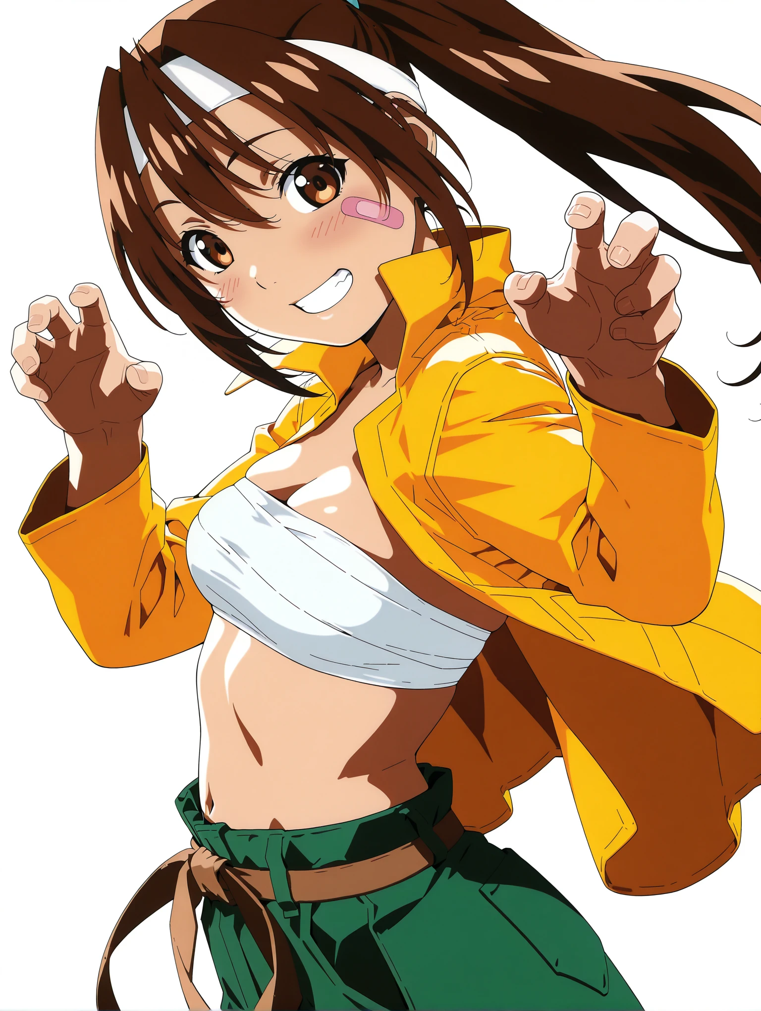 masterpiece,best quality,amazing quality,
solo,1girl,
<lora:K_momiji_ilxl_v1:1>,K_momiji,brown eyes,brown hair,ponytail,headband,bandaid on face,medium breasts,yellow jacket,sarashi,belt,green cargo pants,midriff,
<lora:Fixhands_anime_bdsqlsz_V1:1>,looking_at_viewer,dynamic_angle,cinematic_angle,grin,light_blush,face_focus,upper_body,white_background,simple_background,portrait,front view,claw pose,