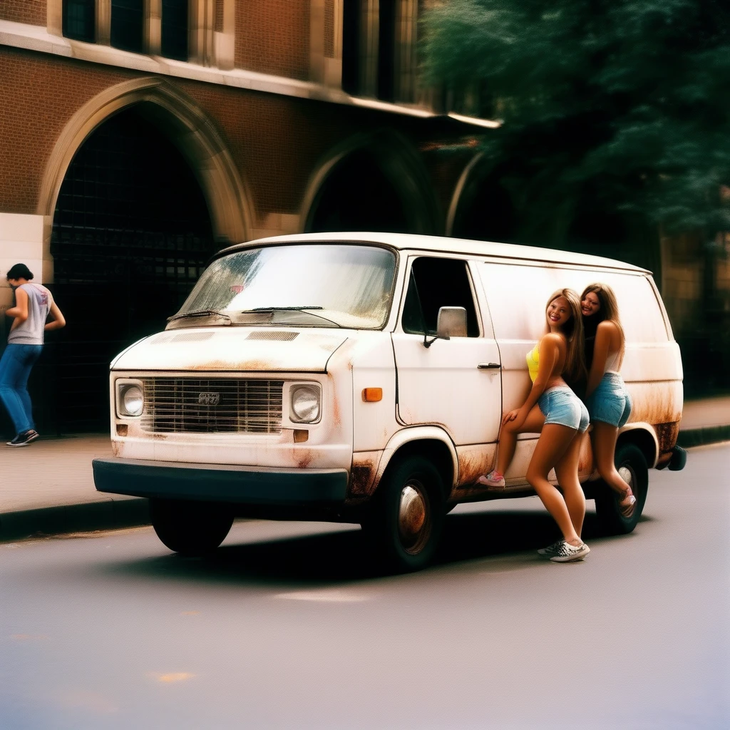 Rusty white van, scruffy paint job, small dents and scratches, parked near a university campus, lots of attractive and beautiful  looking women walking past van, laughing and happy. They are colleges students going to class,