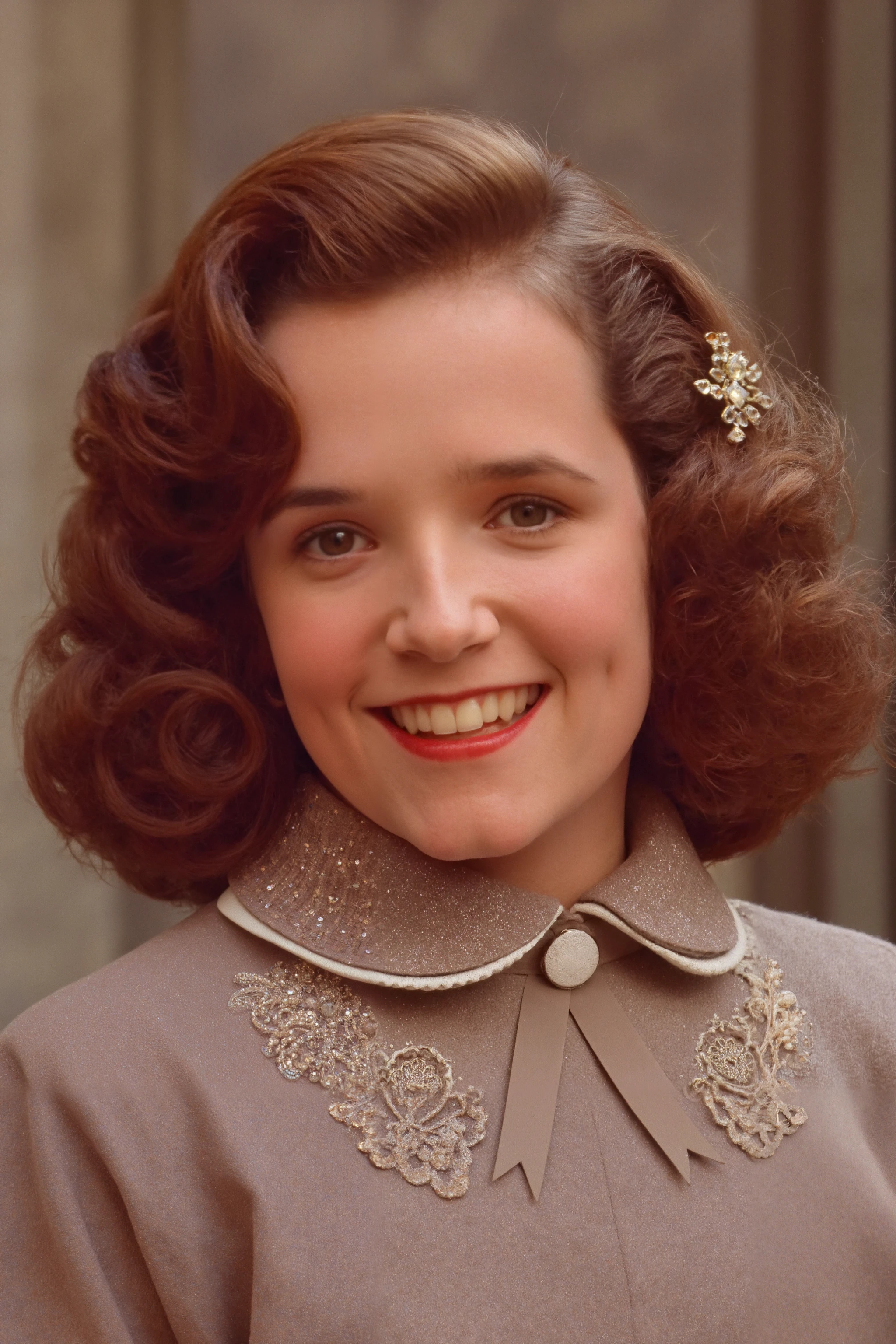 The image features a casual setting, with a girl with a fair complexion, curly brown hair, who is smiling warmly at the camera. She is dressed in a 1940s or 1950s style outfit, high-necked dress with intricate lace details on the front and a ornamental brooch.