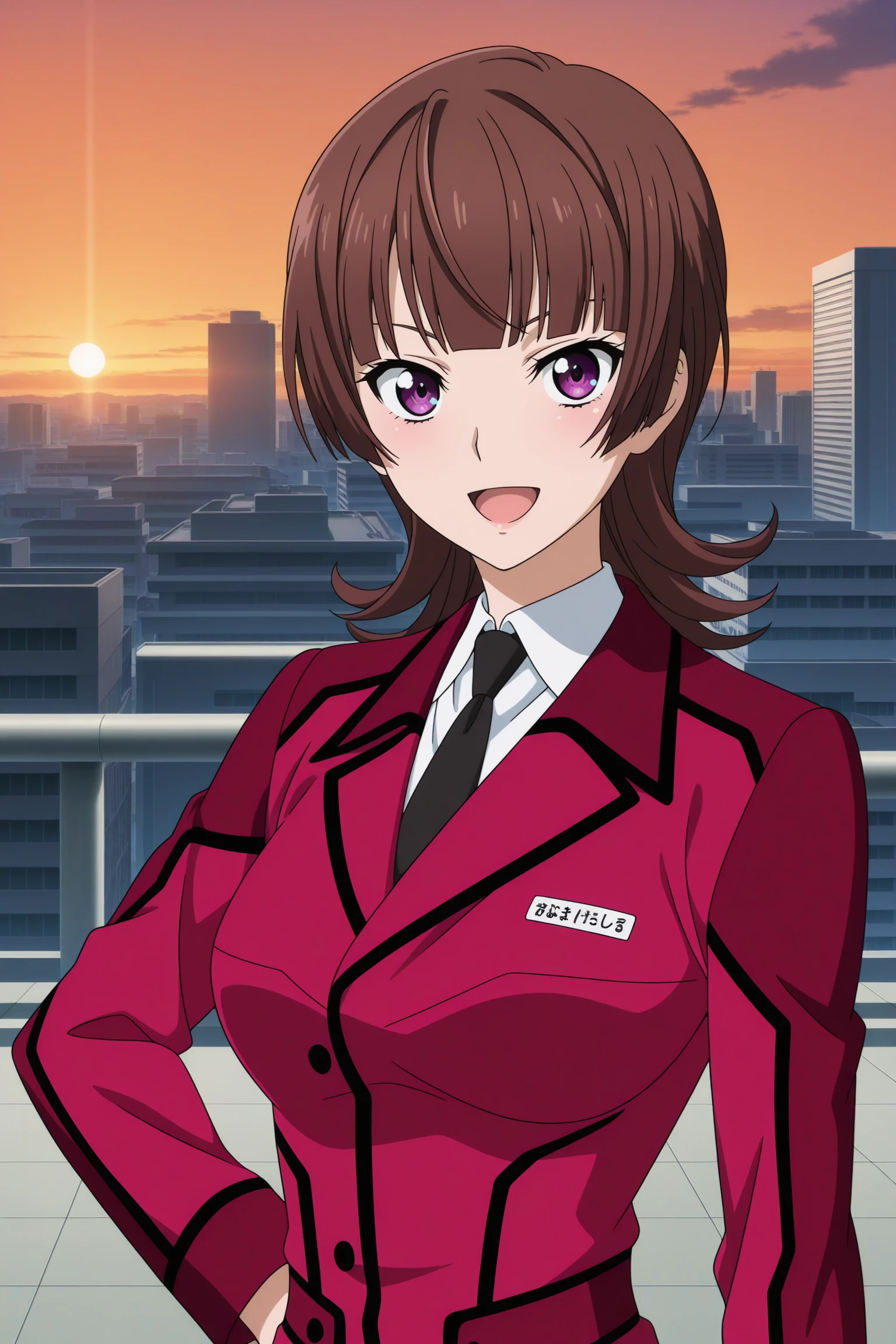 masterpiece, best quality, amazing quality, highres, absurdres, very aesthetic, high resolution, ultra detailed, perfect details, 1girl, looking at viewer, outdoors, city, rooftop, sunset, medium breasts, kazari asami, brown hair, medium hair, purple eyes, suit, military uniform, white shirt, collared shirt, long jacket, pink jacket, name tag, black necktie, pink thighhighs, black footwear, high heels, <lora:Asami_Kazari_ILXL:0.8>, (aged up:1.5), (upper body:1.5), (anime coloring:1.1), (anime screencap:1.1), smile, open mouth, (pose:1.3), looking at viewer