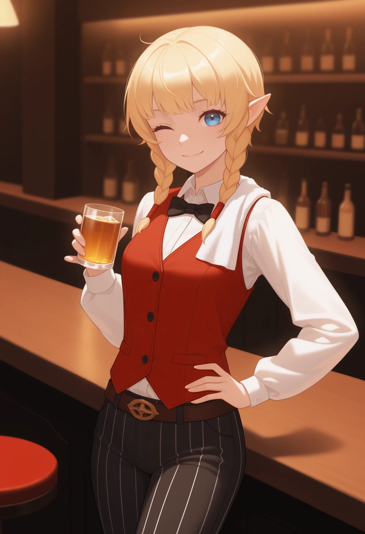 masterpiece, best quality, <break> solo, 1girl, l1nkle, smile, looking at viewer, standing, holding cup, glass, hand on own hip, long hair, blonde hair, twin braids, pointy ears, blue eyes, one eye closed, red vest, white shirt, collared shirt, black bowtie, long sleeves, black pants, vertical-striped pants, black belt, towel on one shoulder, indoors, bar \(place\), counter
<segment:yolo-Anzhc Face seg 640 v2 y8n.pt,0.4,0.5//cid=1>