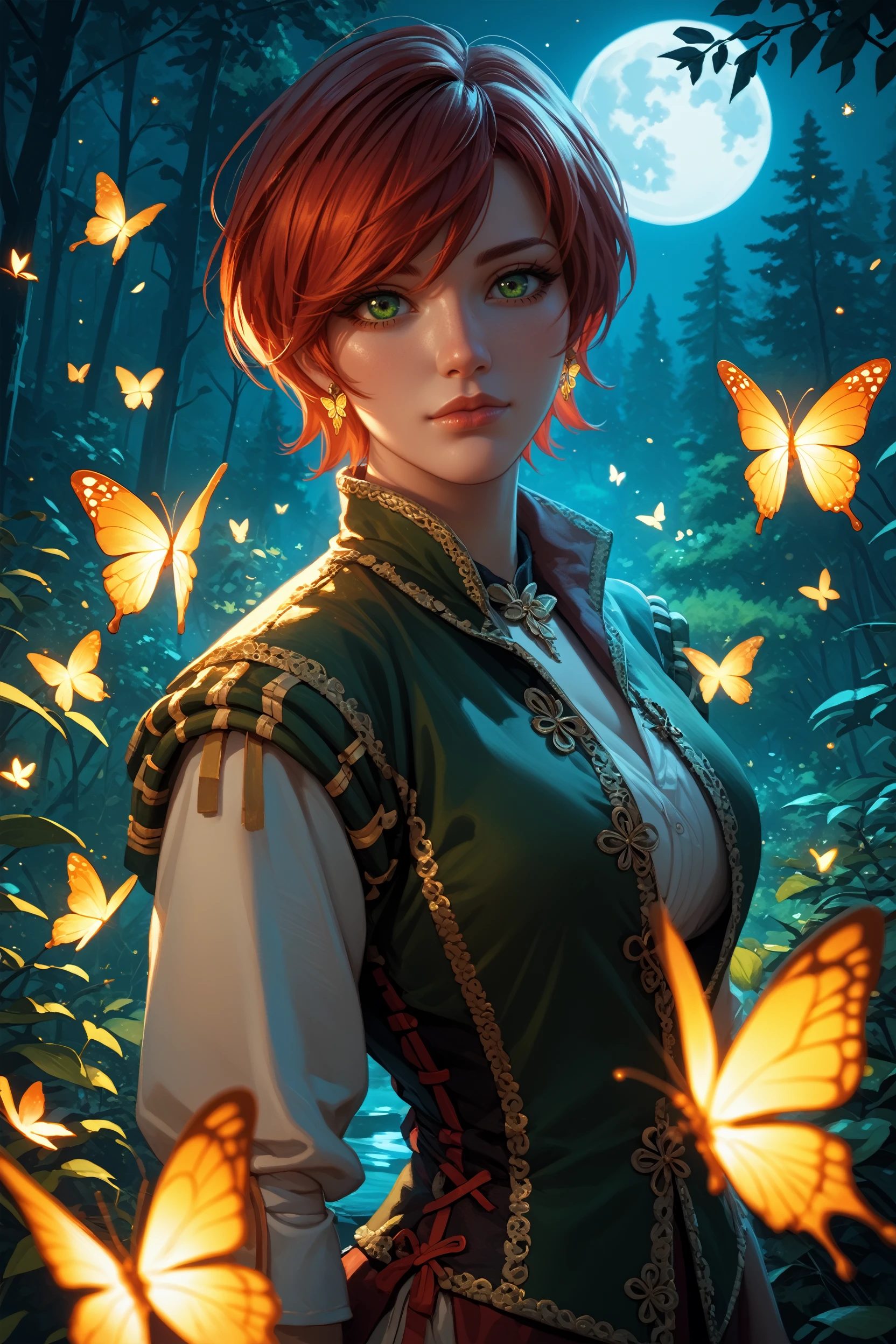 score_9, score_8_up, score_7_up,
<lora:W3Shani:0.9>
W3Shani, 1girl, short hair, red hair, green eyes, looking at viewer, glowing golden butterflies, at night, forest, moon