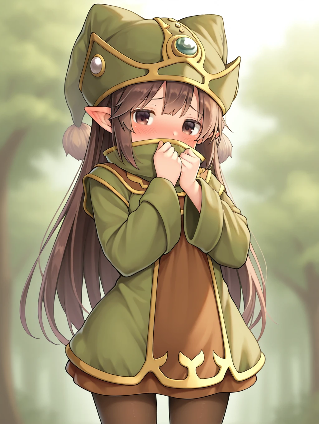 1girl, solo, Gnome, brown hair, long hair, brown dress, green robe, pointy ears, hat, covered mouth, pantyhose,

(standing), cowboy shot, shy, blush,

masterpiece, best quality,amazing quality, very aesthetic, absurdres, depth of field, blurry background, extremely detailed face, detailed eyes