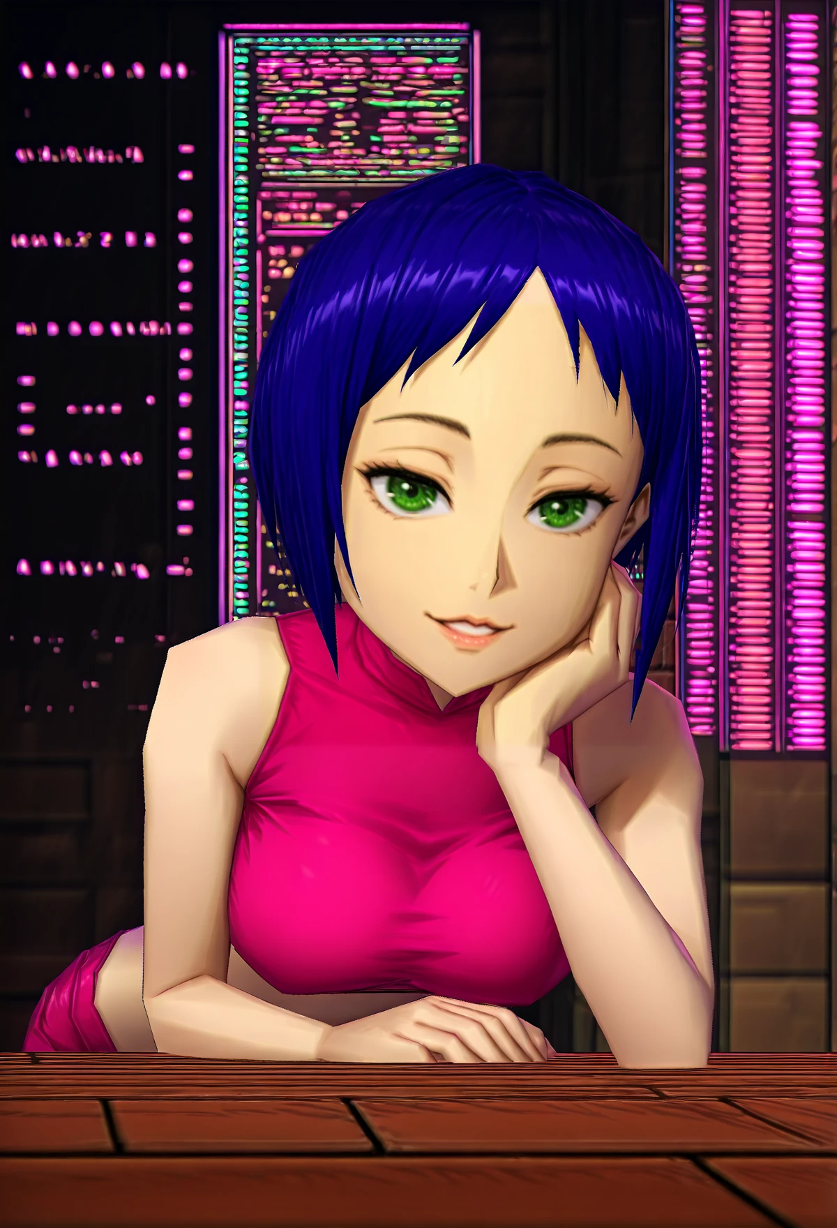 low poly, 3d, an animated character with purple hair and green eyes is leaning on a wooden surface with a brick wall behind her featuring neon signs, head rest, BREAK 1girl, bombchu girl, green eyes, large breasts, bedroom eyes, half-closed eyes, parted lips, smile, purple hair, blue hair, short hair, parted bangs, pink outfit, midriff
<lora:Ocarina_Low_Poly_Illustrious:1.5>, very awa, masterpiece, best quality, newest, absurdres, highres, safe,