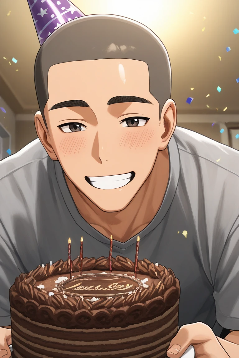 subsurface scattering, realistic shading, cute theme, holding a cake, male focus, leaning forward, looking at viewer, cute expressive face, DaikiAOFH, black_DaikiAOFH_eyes, dark grey_DaikiAOFH_buzz cut, 1boy, party hat, happy, blush lines, shiny skin, wide smile, shirt, indoors living room, confetti, festive, dynami angle, intricately detailed illustration, depth of field, atmospheric perspective, masterpiece, best quality, amazing quality, very aesthetic, absurdres, newest, anime screencap