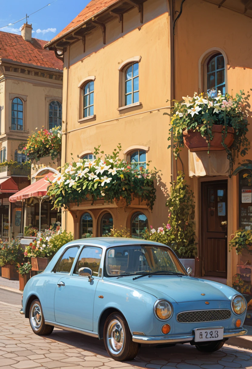 score_9,score_8_up,score_7_up,smasterpiece,best quality,
A digital painting of a car. It is parked in front of a building with a balcony,which has potted plants and a wrought iron railing. There is a small shop with a sign that says "Cafe". The building appears to be in Paris,with other buildings visible in the background. The sky is blue,and the overall atmosphere of the image is nostalgic,peaceful and serene. Atmospheric,a trending theme on Artstation.,
<lora:figaro:1>,Figaro,open roof,rear carrier(1.5),carrier(1.5),car focus,parked,carrier with flowers,side view,open door,get in a car,<lora:mengxuanliart:0.8>,