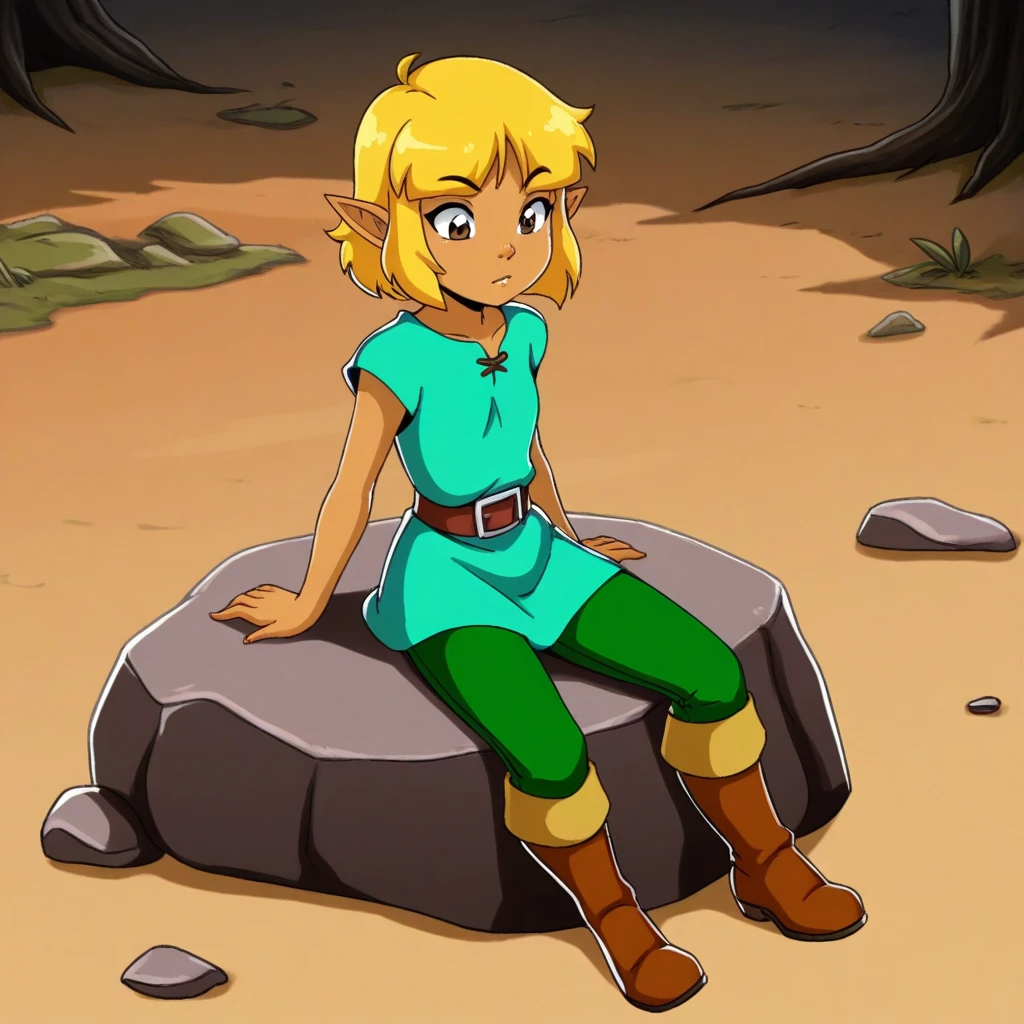 masterpiece, best quality, TASpiez, 1girl, solo, blonde hair, short hair, brown eyes, pointy ears, tunic, pants, boots, sitting on rock, <lora:The_amazing_spiez_Style_illustrious_Leaf1:1>,