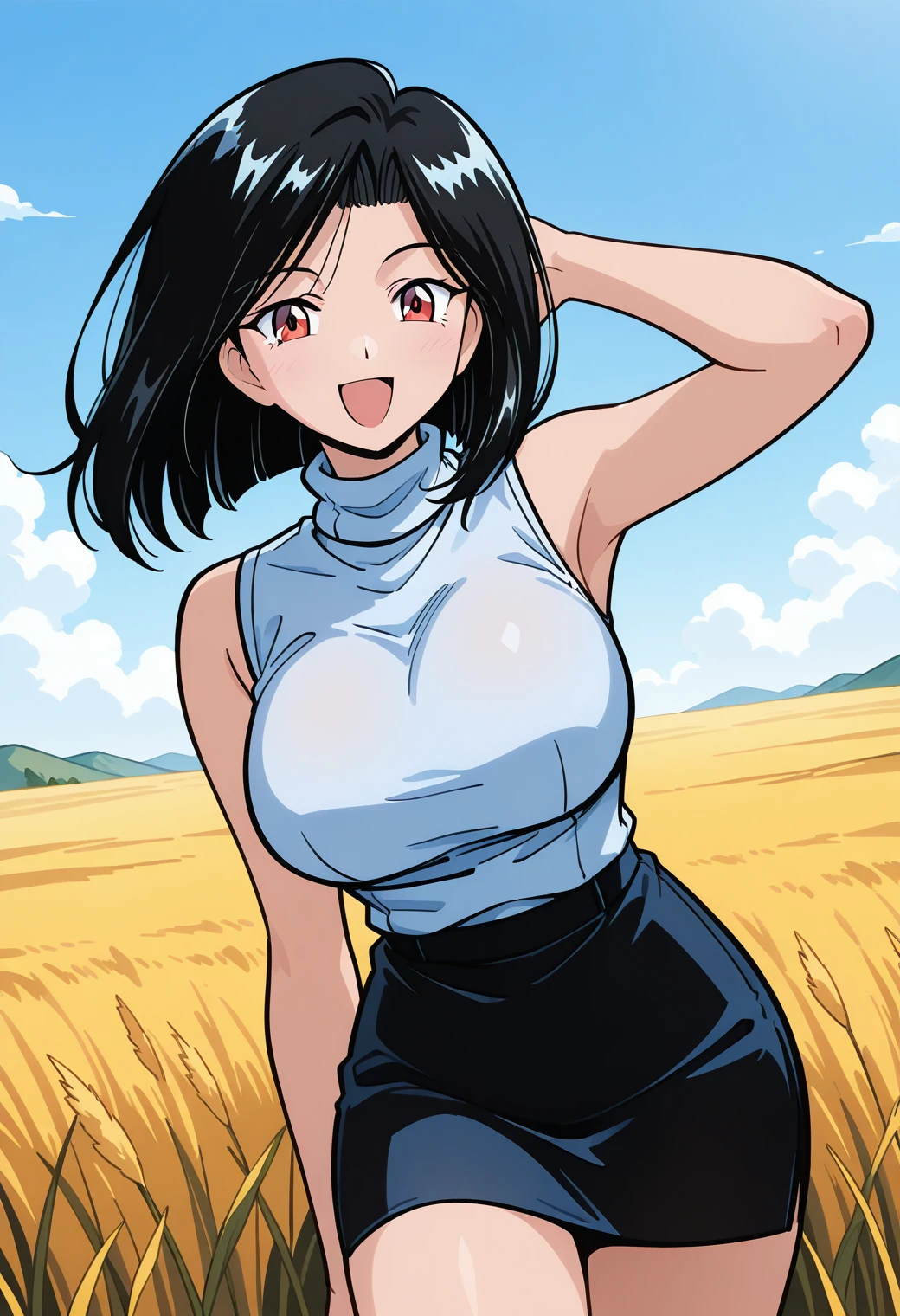 aitoma_tweny, red eyes, black hair, medium hair, turtleneck, sleeveless, <lora:aitoma_tweny_illustrious_ver1:0.8> 
smile, open mouth,, masterpiece, best quality, general,, 1girl, solo, (field:1.2), (blue sky:1.2), looking at viewer,, (cowboy shot, dynamic pose:1.4),