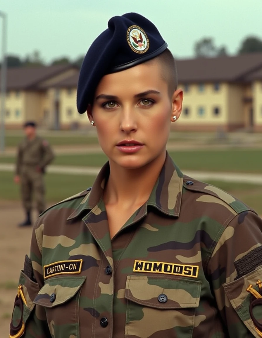 <lora:d3mim00r3:1.1> demimoore, create a image of a sexy woman in a US Military uniform IE: GI Jane. She has a buzz cut hair, and is standing in front of a barracks in the background. The woman is wearing a military beret with the emblem of the United States on it and a camouflage jacket with the word "MOORE" written on it. looking directly at the camera. The image appears to be taken during the day.