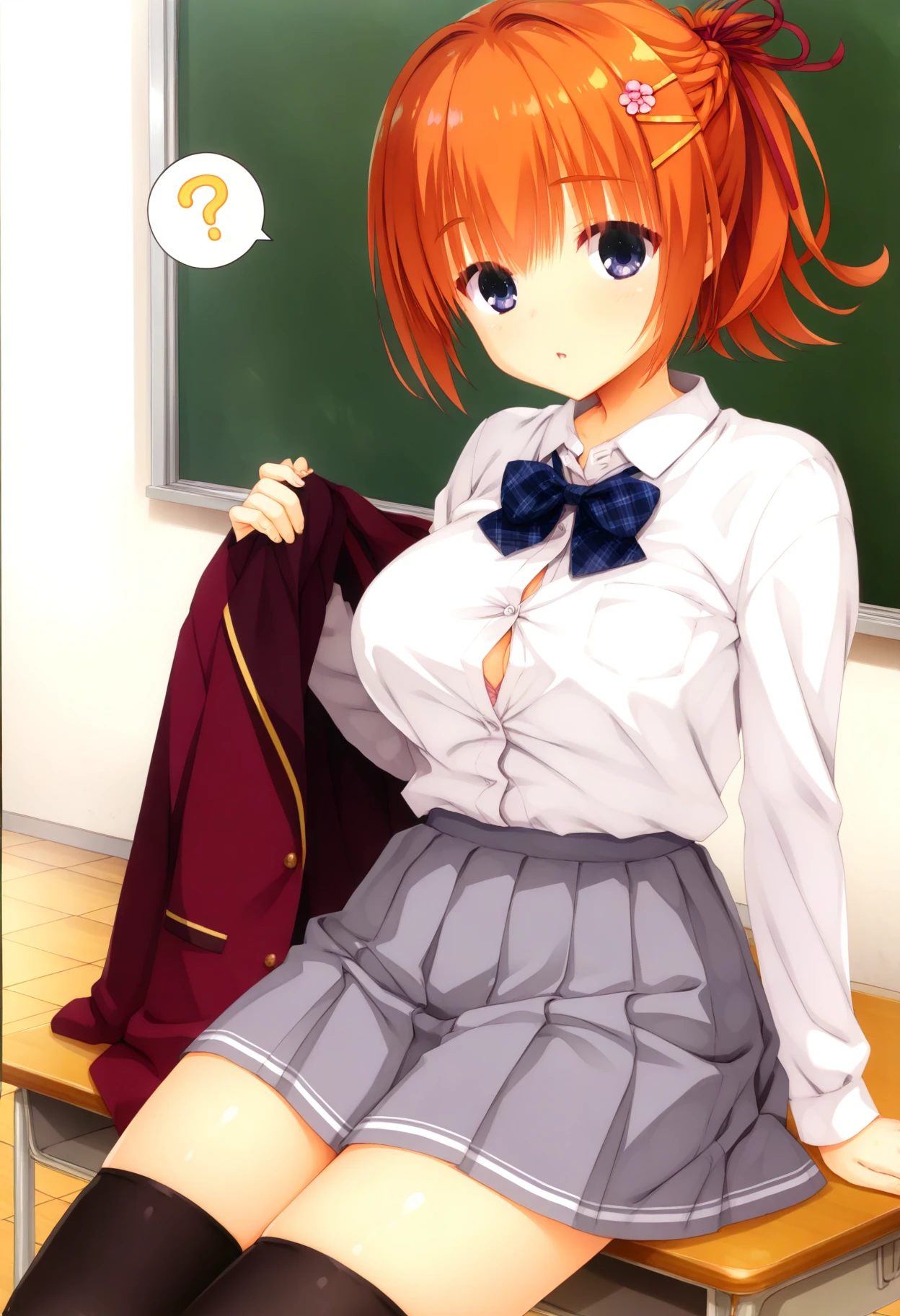 (masterpiece, best quality, highres, absurdres, very detailed, photorealistic, very aesthetic:1.22), (detailed eyes), kobuichi, shiny skin, 1girl, sumizome nozomi, orange hair, bbbuniform, short ponytail, hair ribbon, breasts, hair flower, grey skirt, white shirt, collared shirt, plaid bowtie, black thighhighs, button gap, long sleeves, classroom, on desk, spoken question mark, unworn jacket, pleated skirt,     <lora:nozomi_2-14:1>