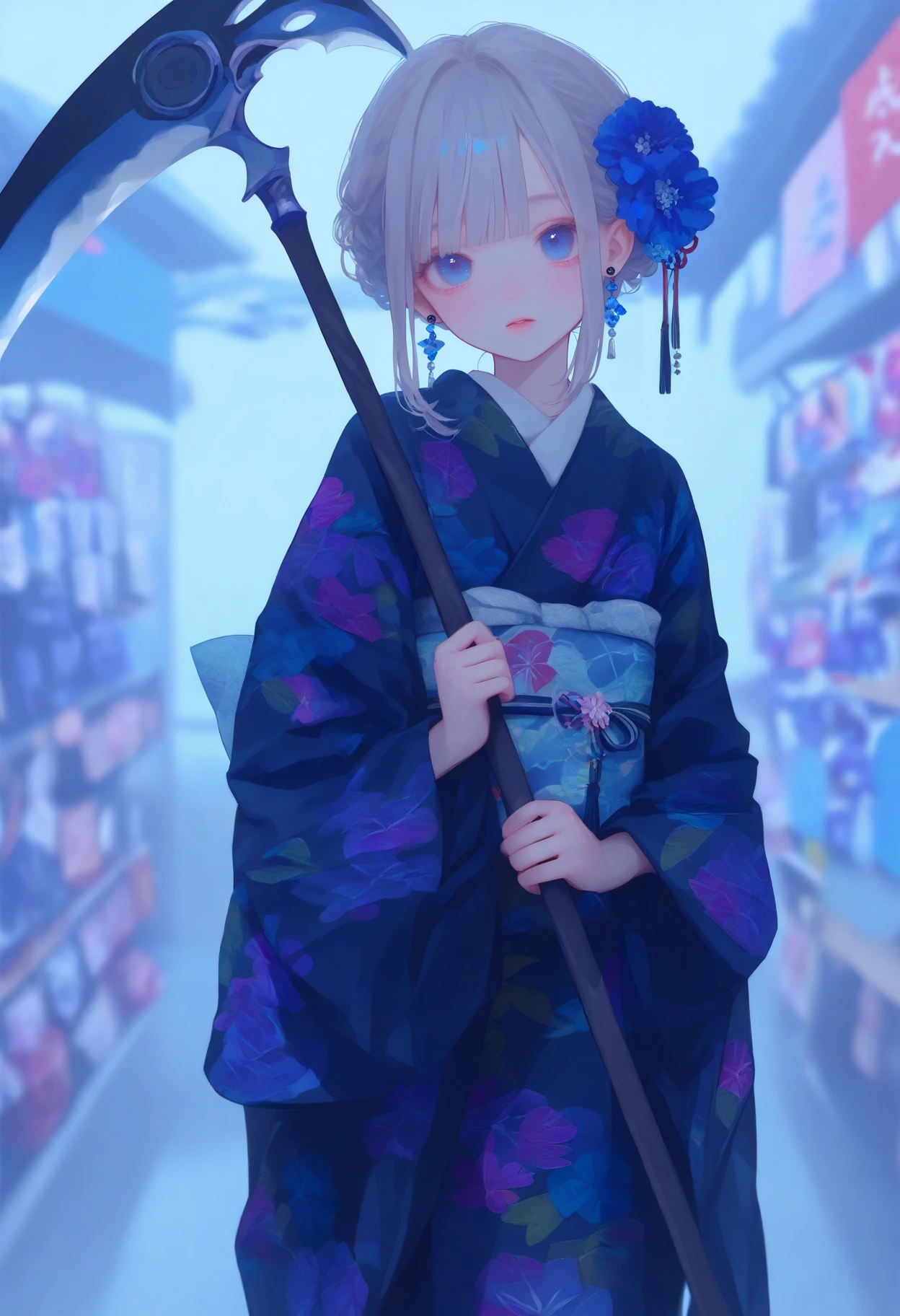 masterpiece, best quality, good quality, momowaa, 
1girl, solo, looking at viewer, short hair, blue eyes, long sleeves, hair ornament, holding, jewelry, standing, grey hair, flower, sidelocks, outdoors, earrings, japanese clothes, blunt bangs, hair flower, wide sleeves, kimono, blurry, sash, floral print, obi, blue flower, blue kimono, print kimono, scythe, holding scythe
<lora:ai_styles_collection_rouwei_vpred-rc3_v3.1:1>