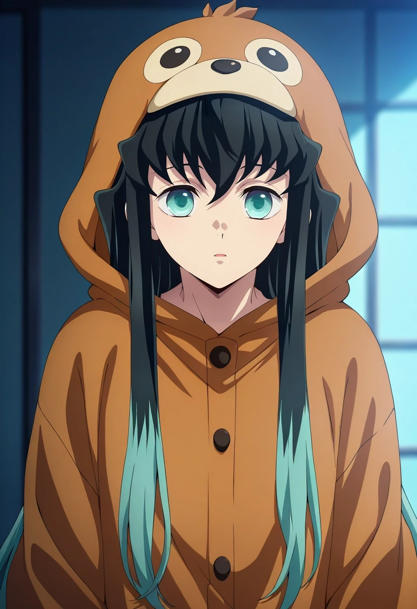 masterpiece, best quality, , anime screencap, , official style, , depth of field, 1boy, solo, male focus, <lora:muichirou_tokitou_ilxl:0.98>, muichirou_tokitou, black hair, aqua eyes, long hair, bangs, hair between eyes, sidelocks, multicolored hair, two-tone hair, gradient hair, aqua hair, , gorilla costume