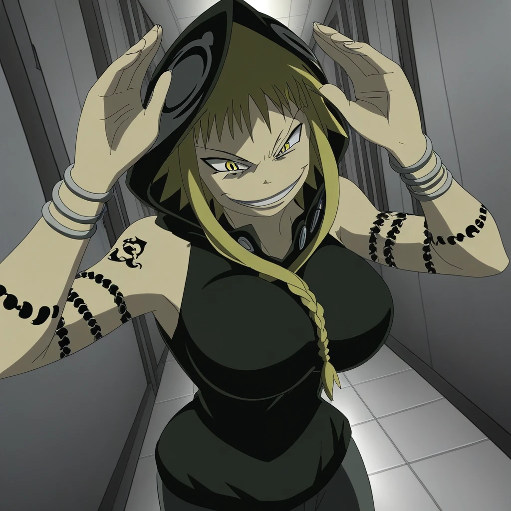 score_9, score_8_up, score_7_up, score_6_up,source_anime,1girl,solo,hood,smile,blonde hair,grin,jewelry,bracelet,hoodie,bare shoulders,evil smile,yellow eyes,curvy, big things,braid,tattoo,breasts,big breasts, from above,lateral pose,hallway, looking down,perfect quality, perfect eyes,