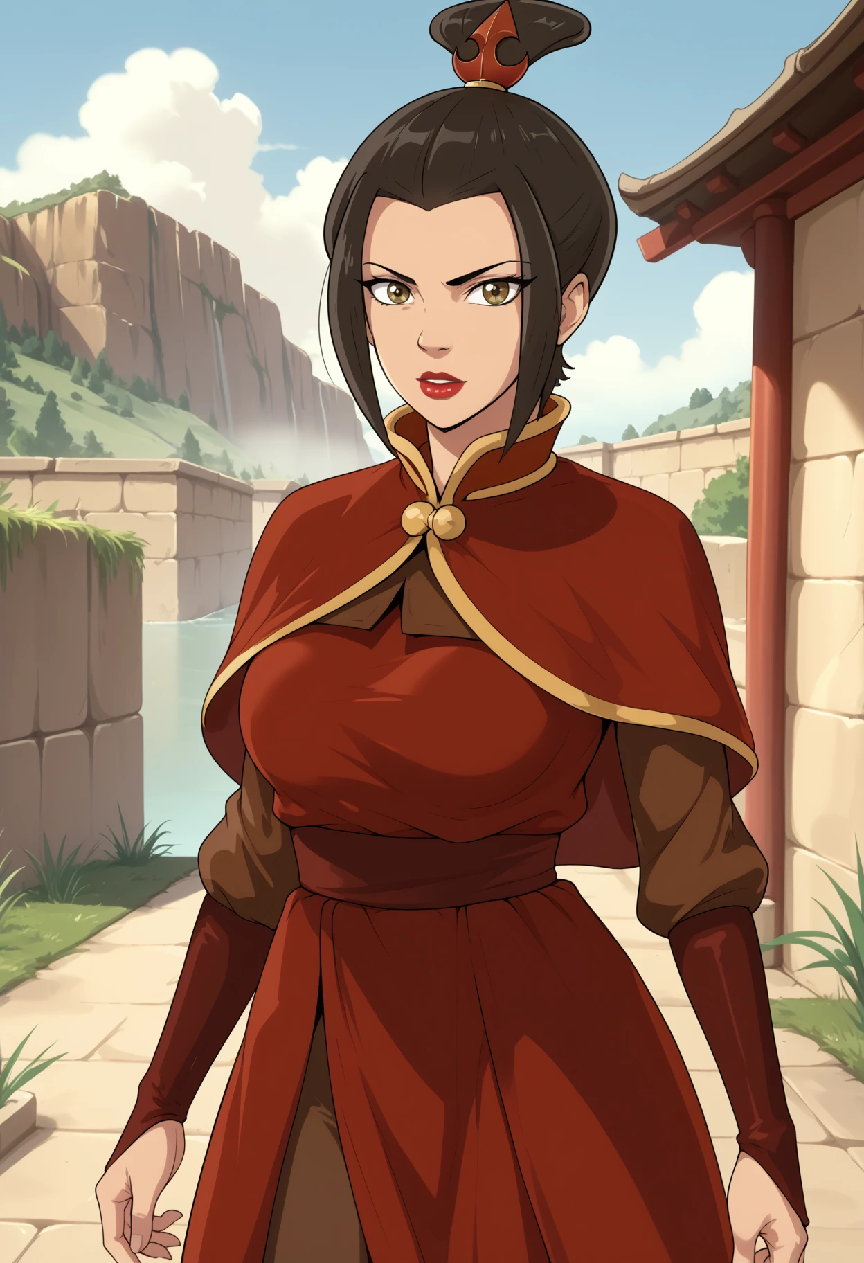 score_9, score_8_up, score_7_up, score_6_up, score_5_up, <lora:NM_Azula_atla:1>, BREAK NM_Azula_atla, 1girl, solo, brown eyes, brown hair, topknot, black hair, hair ornament, breasts, large breasts, makeup, lipstick, red lips, slim waist, dress, capelet, looking at viewer, outdoors