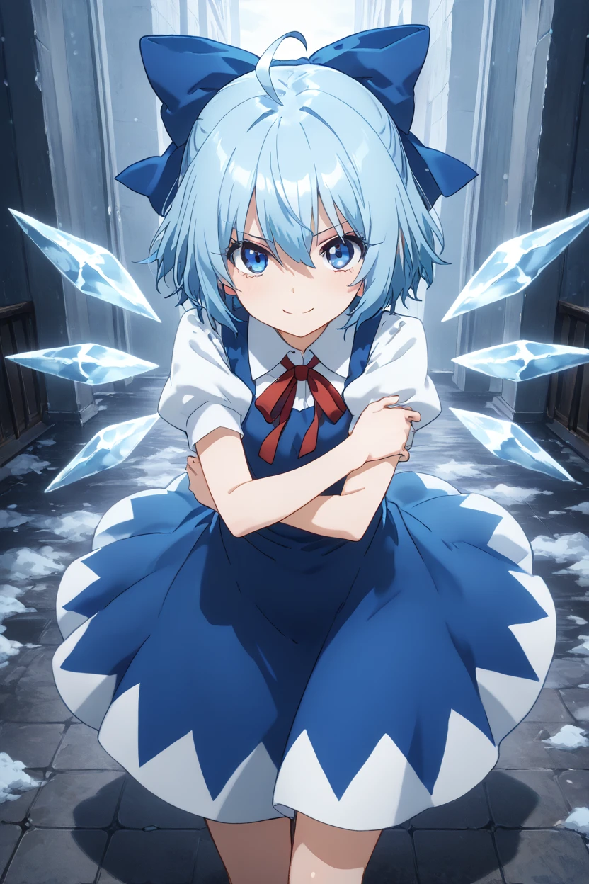 masterpiece, best quality, 1girl, solo, 21 year old model, eyelashes, (beautiful eyes),     ,,, <lora:CirnoTouhouIXL:1.0>, zzCirno, blue eyes, hair between eyes, ahoge, blue hair, hair bow, short hair, blue dress, puffy short sleeves, white shirt, bow, wings, ice, short sleeves, ice wings, dress,from above, dynamic pose, cowboy shot, smile, looking at viewer, shiny skin,<lora:PrismaIllyaIXL_v2:1.0>,