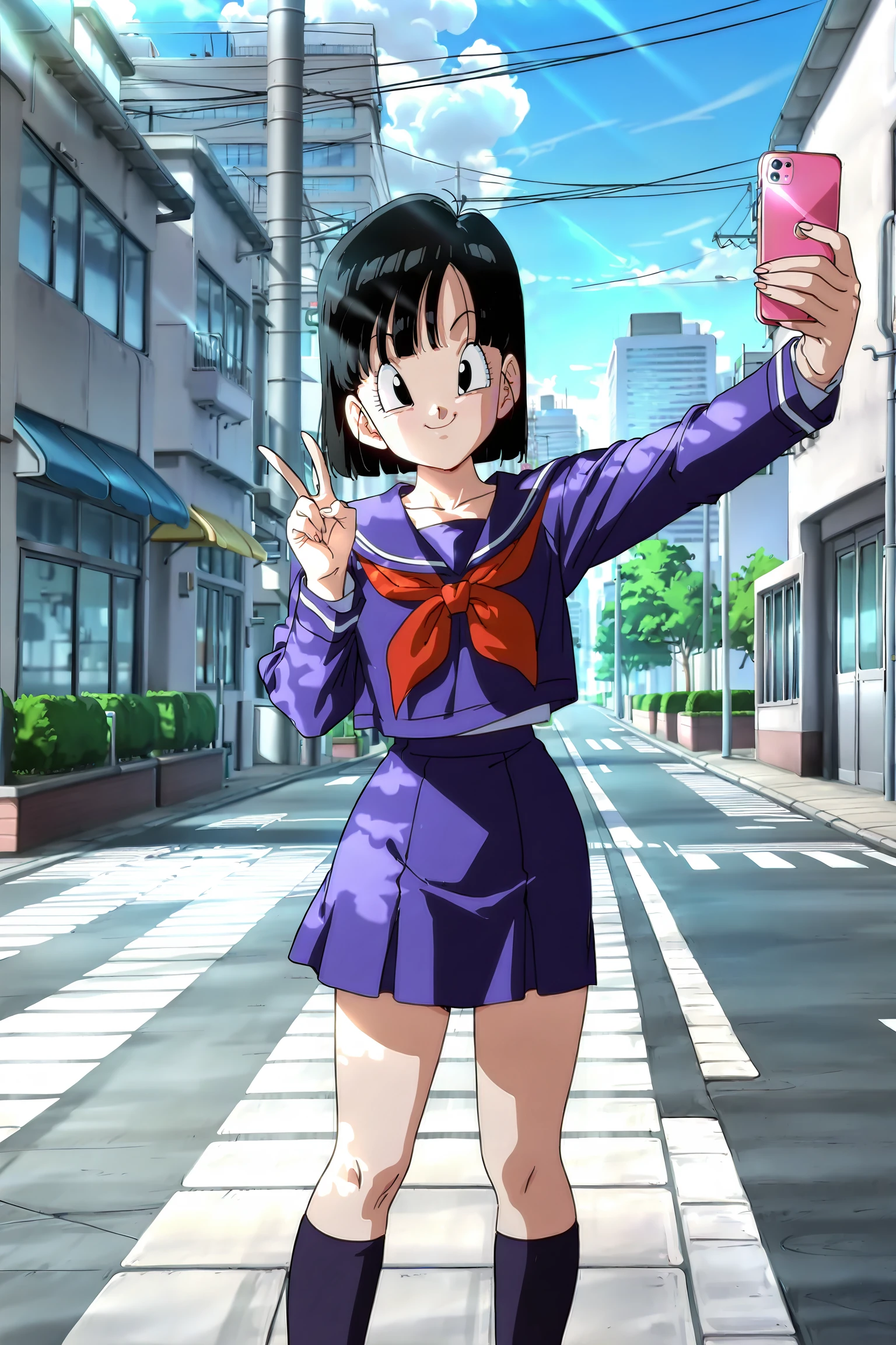 source_anime, score_9, score_8_up, score_7_up, anime screencap, absurdres, high quality,
solo, 1girl, city, street, day, road, pavement, dappled sunlight, 
pan \(dragon ball\), short hair, bangs, black hair, black eyes, school uniform, standing, big smile, selfie, 
  <lora:Pan_IL_v1:0.8>