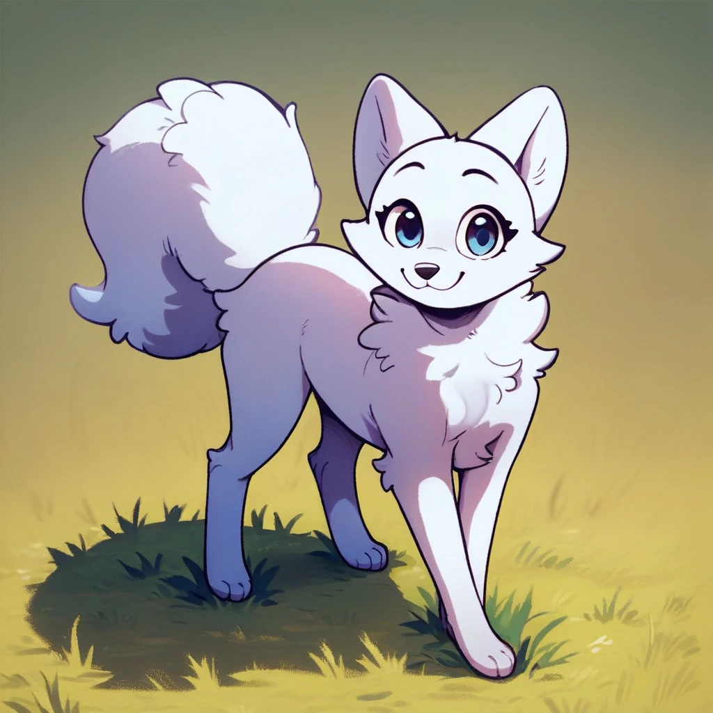 score_9, score_8_up, score_8, score_7, source_cartoon, source_furry, Solo, 1girl, feral, dog, dog girl, samoyed, female furry, white fur, fluffy tail, cyan eyes, cute face, full body, standing, looking at viewer, soft smile, grass clearing,