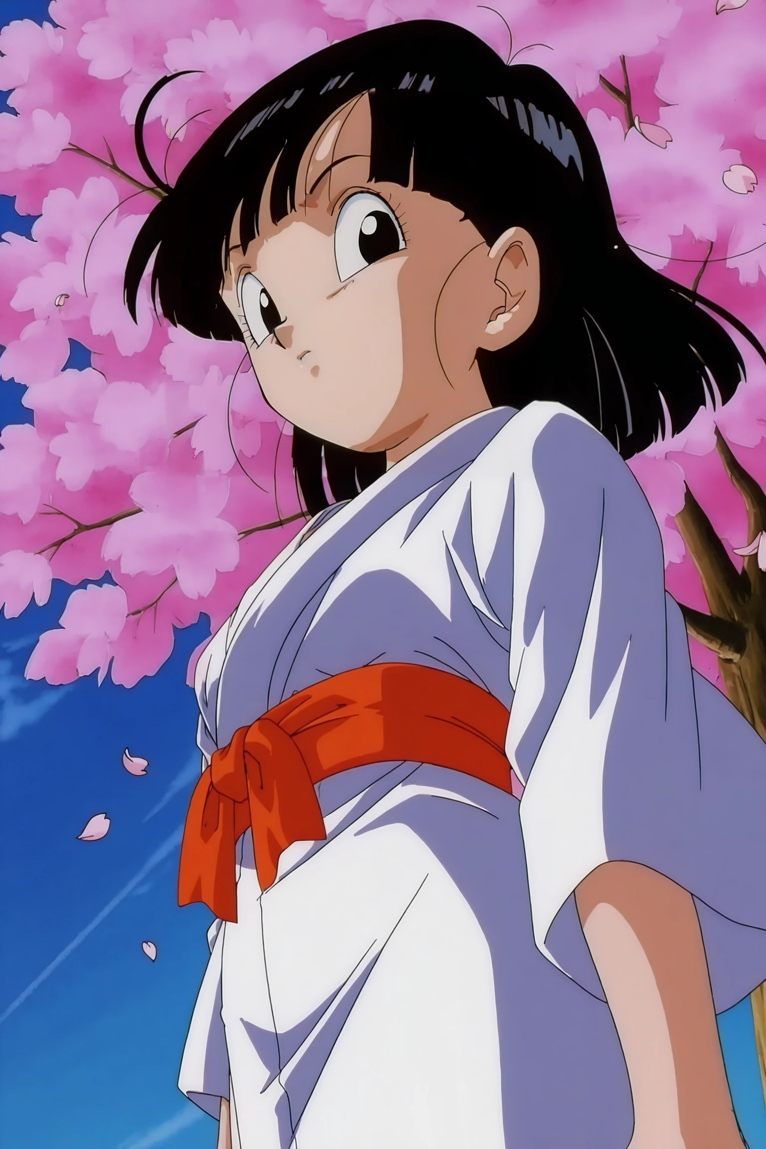 source_anime, score_9, score_8_up, score_7_up, anime screencap, absurdres, high quality,
pan \(dragon ball\), dragon ball gt, 1990s \(style\), anime coloring, retro artstyle, 1girl, solo, short hair, bangs, black hair, black eyes, dutch angle, white kimono, cherry blossoms, sash, floating hair, from below, looking to the side, blue sky, looking at viewer, 
  <lora:Pan_IL_v1:0.8>