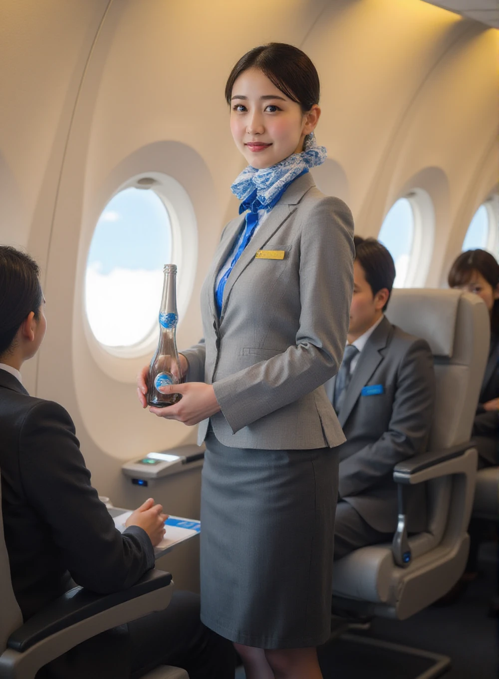 realistic,Photograph of  female flight attendants,beautiful japanese girl,caana,smile,high quality,detail face,wearing a glay flight attendant uniform with blue trim,neck scarf,black tights and high heels,<lora:FLUX.1-Turbo-Alpha:1>,miniskirt,light makeup,full body,miniskirt,beautiful legs,<lora:FLUX_ANA_CA_r1:1>,very beautiful cabin attendant,She is softly smiling while serving drinks to passengers.,The background shows the warm ambient lighting of a business-class cabin with a window view of pale blue skies and clouds.,The composition captures the flight attendant standing at the centeleaning slightly towards a passenger on the left.,The overall atmosphere conveys professionalism and comfort.,<lora:jdl-flux-lora:0.8>,