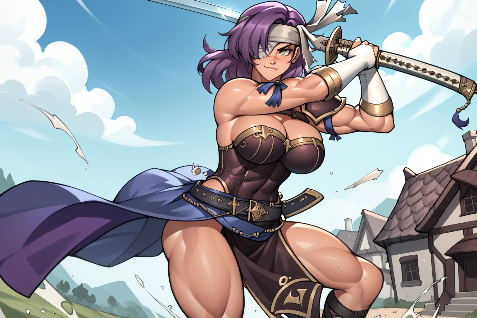 score_9, score_8_up, score_7_up, masterpiece, high quality, BREAK
 <lora:Malice Fire EmblemPonyLora:1>mlice, long hair, bandage over one eye, eyepatch, bare shoulders chest belt, cleavage, torsolette, single shoulder armor, armlet, bridal gloves, purple sash, belt, belt buckle, pelvic curtain, weapon, holding sword on hilt, ass
 <lora:RD_RN00 StylePonyLyco:1> rdrn, fighting stance, swinging sword, dynamic motion, old town, sheat