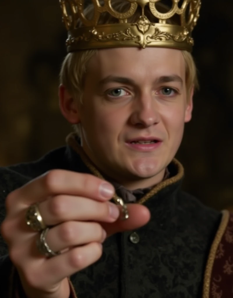 <lora:Joffrey Baratheon:0.9> joffrey baratheon, a man with a crown shows wedding rings in his hand toward the viewer. Title text says "The Barchelor"