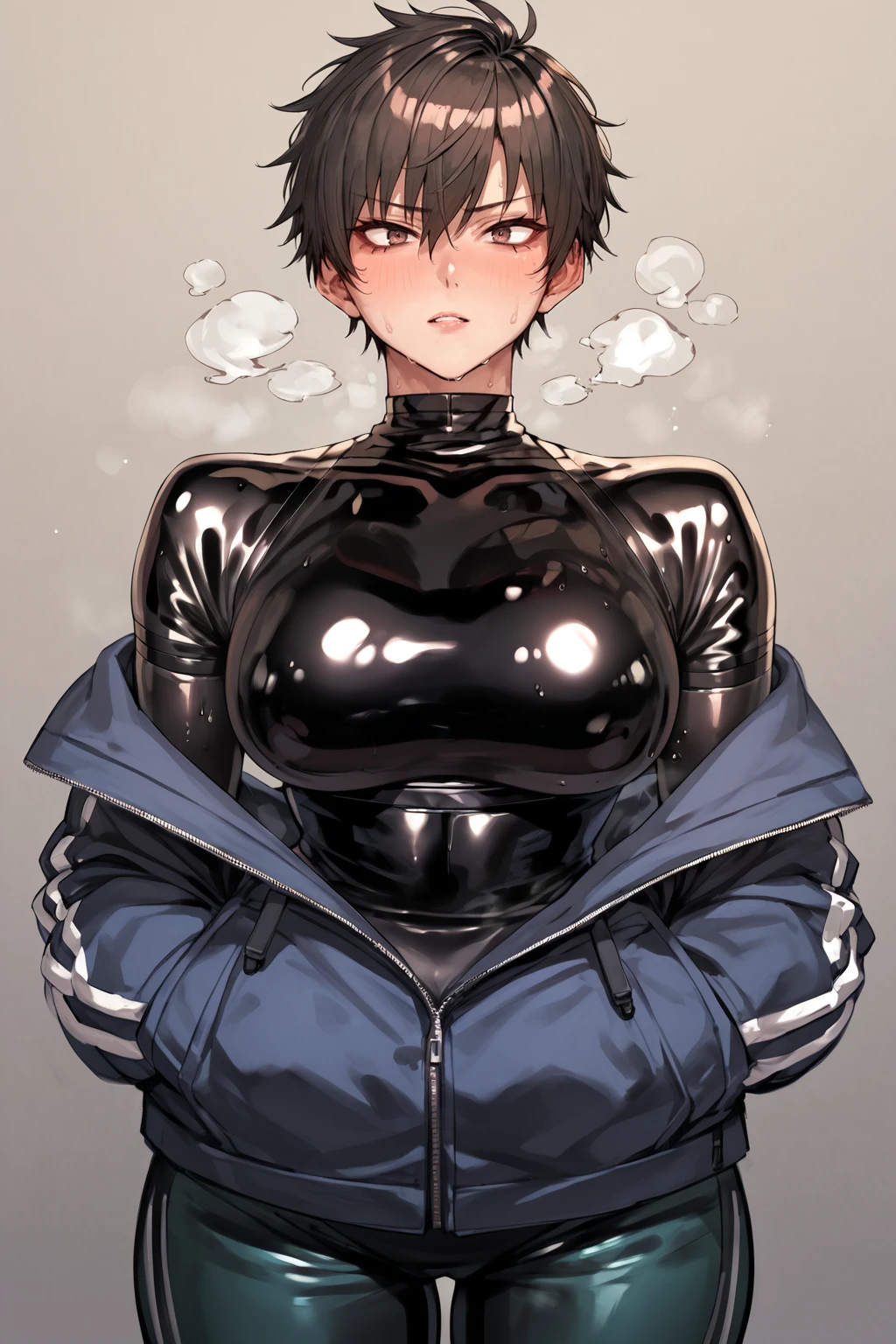 hoody,  <lora:latex_under_clothes:1> latex under clothes, latex body suit, sweaty, steamy body, short tomboy hair, big boobs,, source_anime, score_9_up,  score_7_up, score_8_up