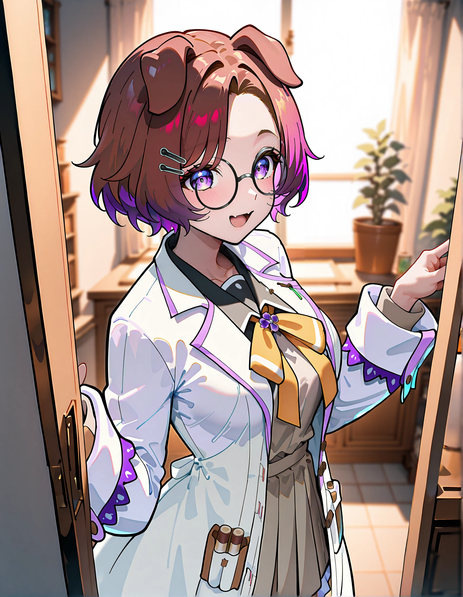 masterpiece, perfect quality, best quality, absolutely eye-catching, absurdres, highres, newest, indoors, <lora:komaenadeshikoillustriousXL:1>, 1girl, komaenadeshiko, labcoat,