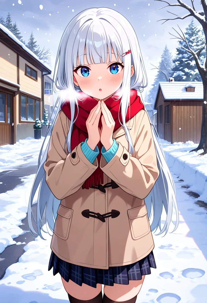 masterpiece, best quality, absurdres, very aesthetic, general,
1girl, skirt, solo, long hair, brown coat, winter coat, red scarf, snow, snowing, breath, pleated skirt, outdoors, blush, blue eyes, long sleeves, tree, bangs, plaid skirt, bare tree, parted lips, cowboy shot, silver hair, eyebrows visible through hair, standing, winter, lamppost, black skirt, hands up, building, black thighhighs, white hair, very long hair, sidelocks, :o, blue skirt, buttons, house, road, street, hand up, blunt bangs, open mouth, window, sky, cold, own hands together, straight hair, thigh gap, winter clothes, hairpin,