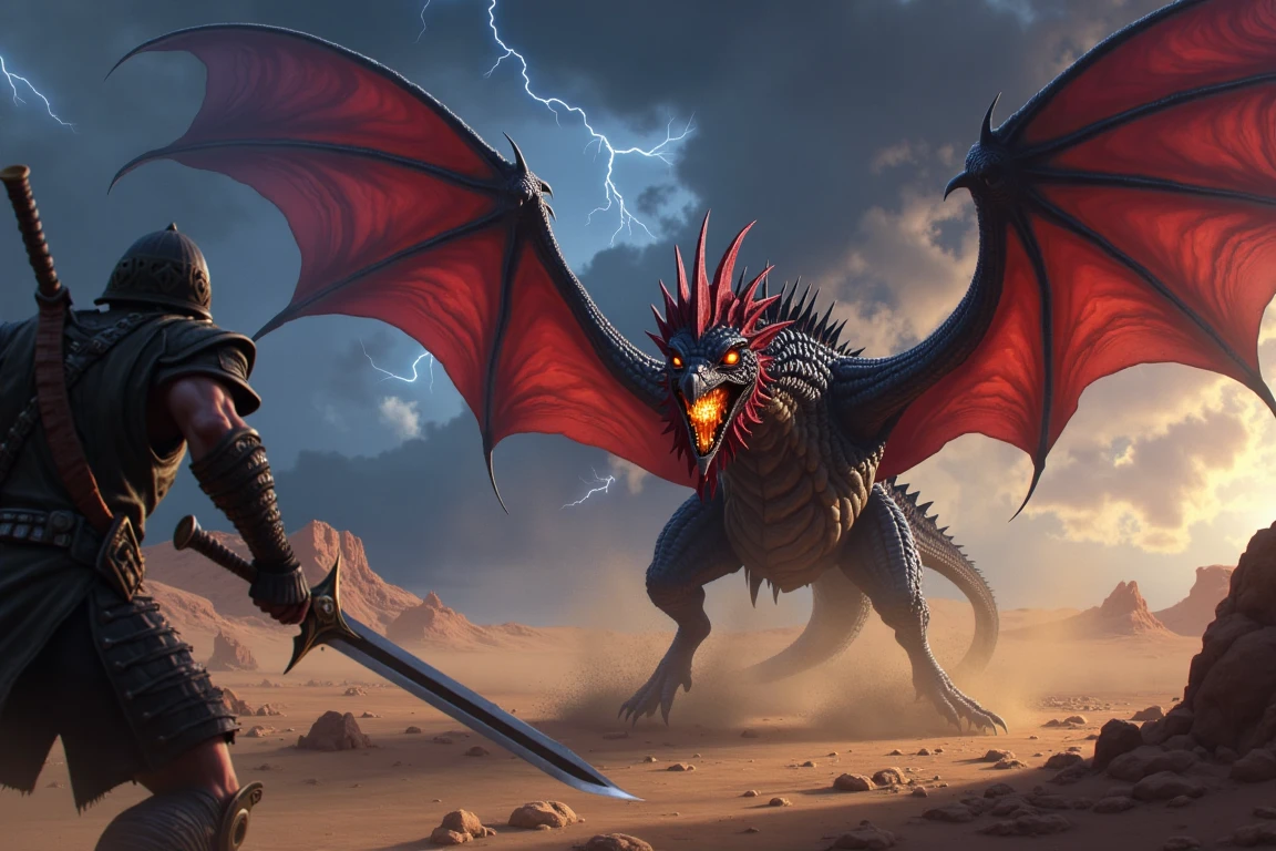 ckr,ckc,calk, anime style, anime design, anime picture, anime scene. ultra realistic, ultra detailed textures and colors half-reptilian, half-cock,  Aacockatrice in the midst of an intense desert battle, wings fully outstretched as it lunges at a warrior. The creature's eyes glow fiercely, radiating a petrifying aura. The background is a stormy twilight sky, with flashes of lightning illuminating the desolate terrain. The camera is positioned at a dynamic angle, just behind the warrior’s shoulder, creating a sense of immediacy. The lighting is dramatic, with harsh shadows emphasizing the sharp edges of the cockatrice’s beak and scales.