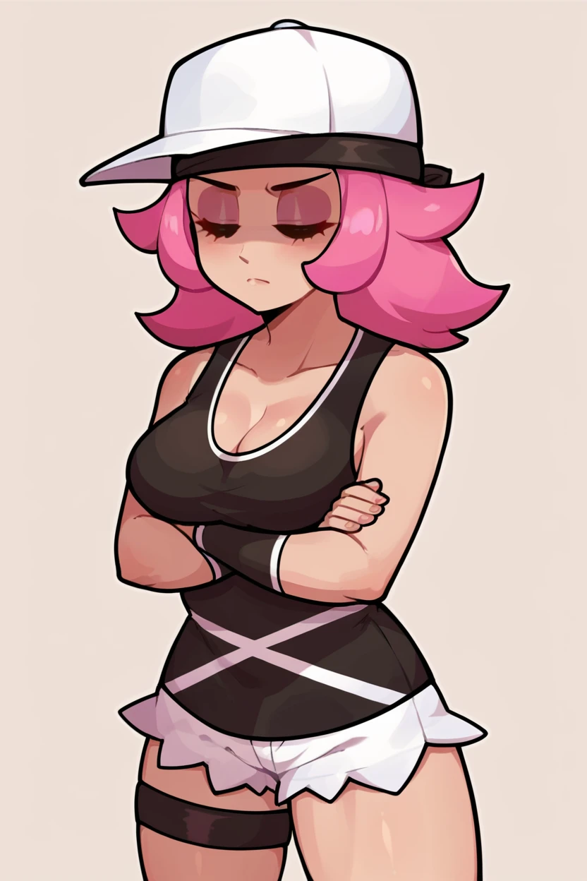 zPDXL3, score_9, score_7_up, source_anime, 1girl, solo, <lora:Pokemon_Punk_Girl_SunMoon:1>, punkgirlsm, baseball cap, black bandana, black tank top, sleeveless, white shorts, pink hair, wristbands, thigh strap, medium breasts, cleavage,  arms crossed, eyes closed, turned away,