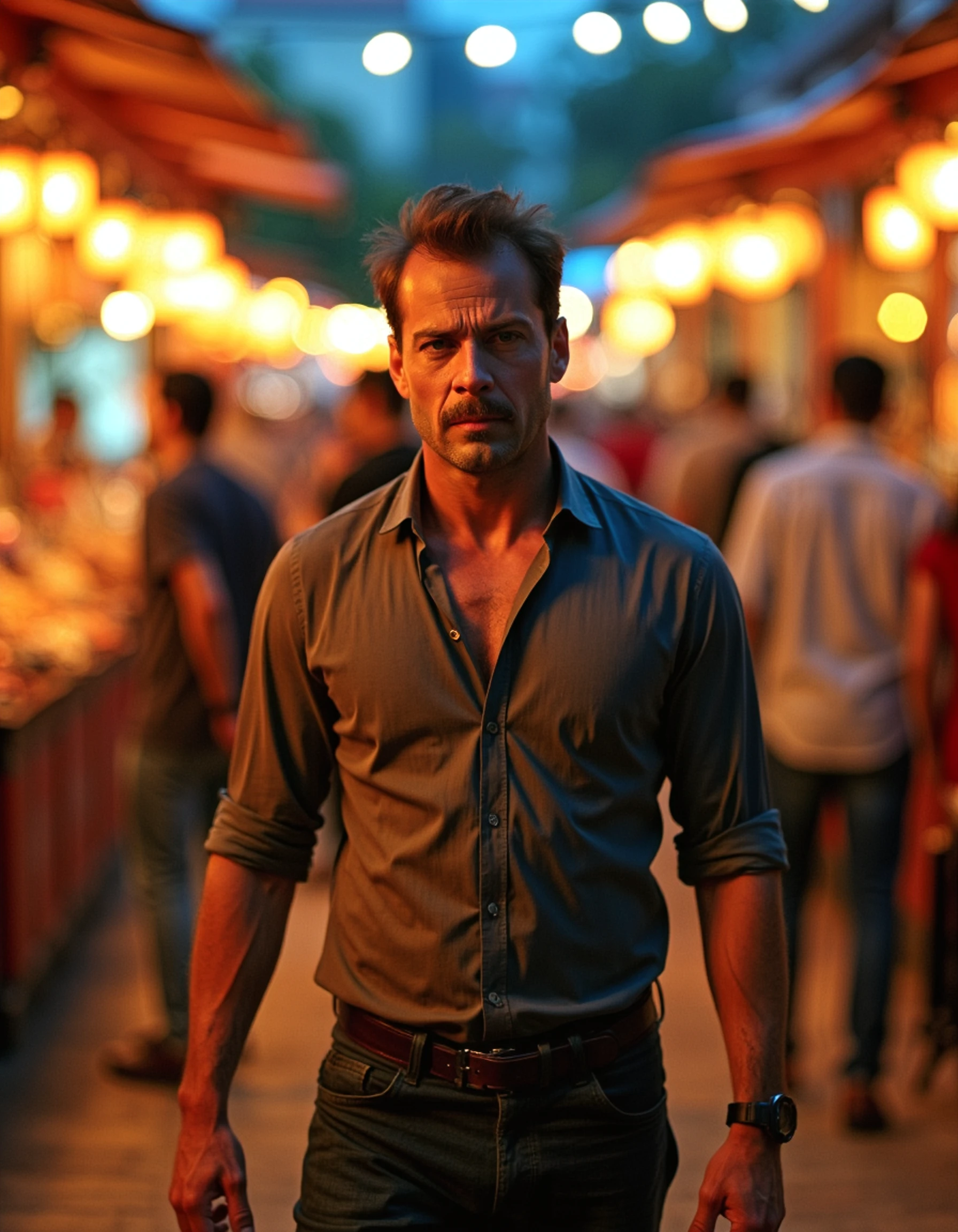 A cinematic shot of a man standing in a bustling marketplace at twilight, surrounded by glowing lanterns and colorful stalls. He’s wearing a fitted casual shirt with the top buttons undone, paired with dark pants and boots. His strong posture and focused gaze make him stand out amidst the lively crowd. The golden light from the lanterns casts a warm glow on his face, accentuating his striking features and evoking a sense of intrigue, as if he’s the center of an unfolding adventure.
