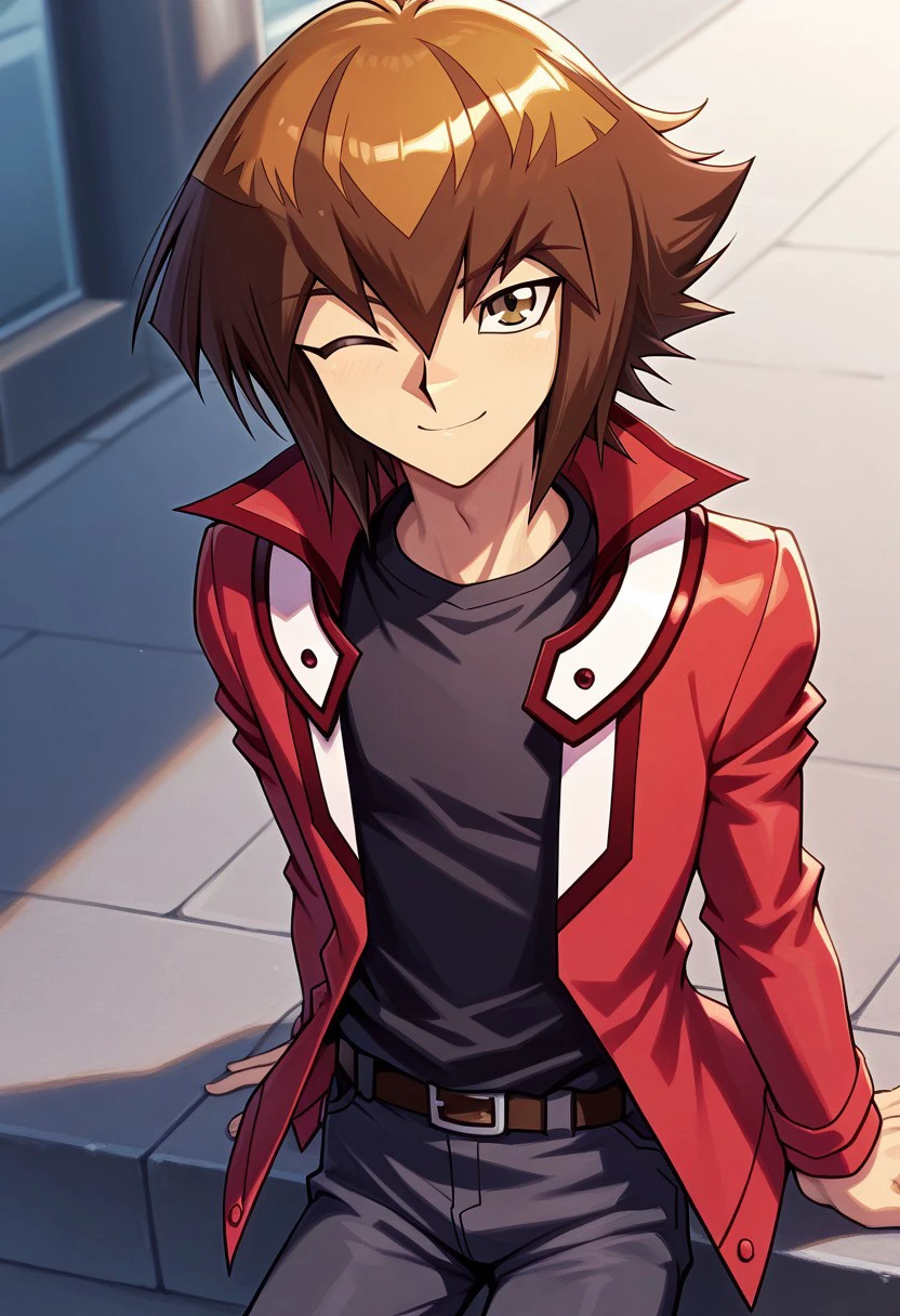 masterpiece, best quality, 
jadenyuki, 1boy, male focus, solo, brown eyes, brown hair, two-tone hair, multicolored hair, bangs, duel academy uniform (yu-gi-oh! gx), shirt, black shirt, jacket, red jacket, open jacket, open clothes, smile, one eye closed
outdoor,