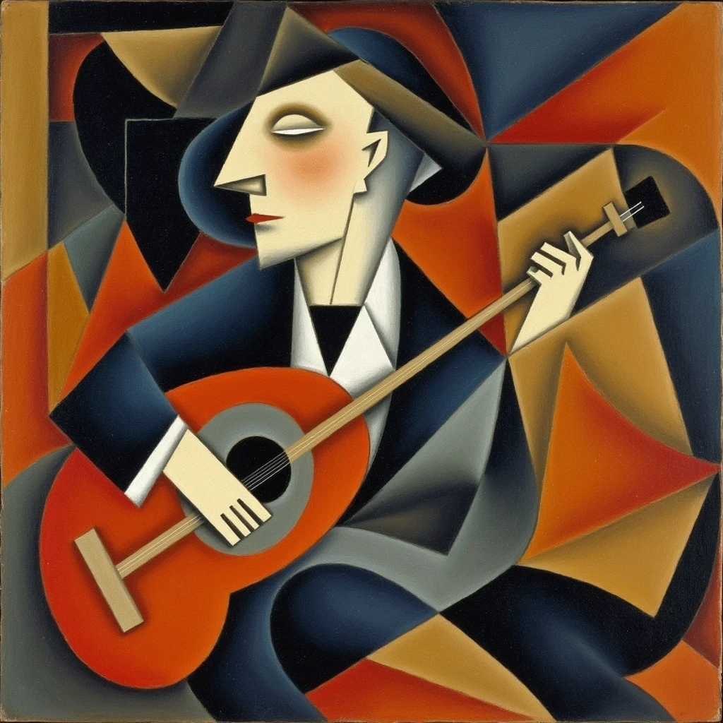 a JuanGris Juangris painting still life style of person playing the guitar