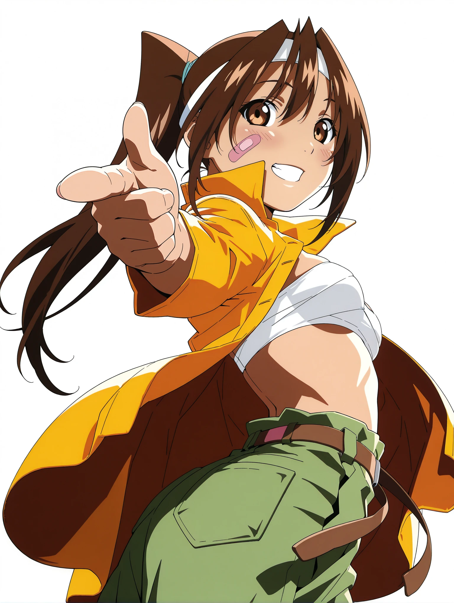 masterpiece,best quality,amazing quality,
solo,1girl,
<lora:K_momiji_ilxl_v1:1>,K_momiji,brown eyes,brown hair,ponytail,headband,bandaid on face,medium breasts,yellow jacket,sarashi,belt,green cargo pants,midriff,
<lora:Fixhands_anime_bdsqlsz_V1:1>,looking_at_viewer,dynamic_angle,cinematic_angle,grin,light_blush,face_focus,upper_body,white_background,simple_background,reaching,finger gun,