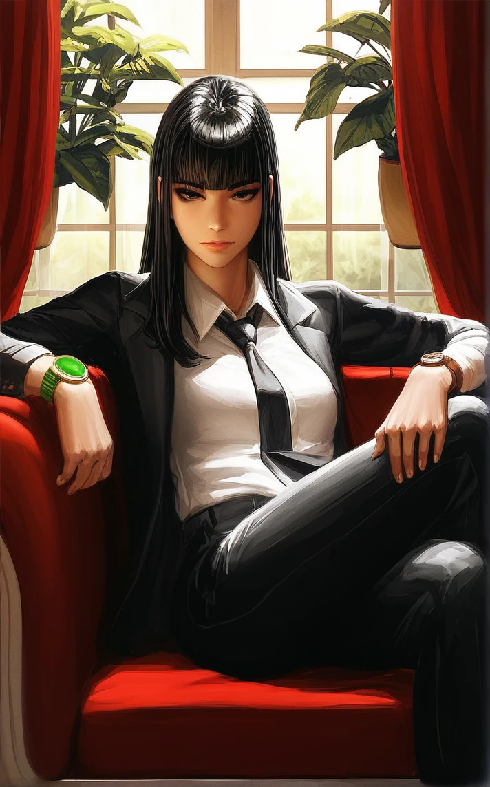 score_9, score_8_up, score_7_up,  <lora:STYLE_PONYXL_guweiz_ownwaifu:0.9>, BREAK 
STYLE_PONYXL_guweiz_ownwaifu, a woman in a black dress sitting on a red couch, 1girl, long hair, looking at viewer, white shirt, black hair, closed mouth, black jacket, black necktie, collared shirt, black pants, indoors, blunt bangs, black eyes, lips, feet out of frame, window, formal, crossed legs, black suit, plant, curtains, wing collar, watch, wristwatch, pant suit