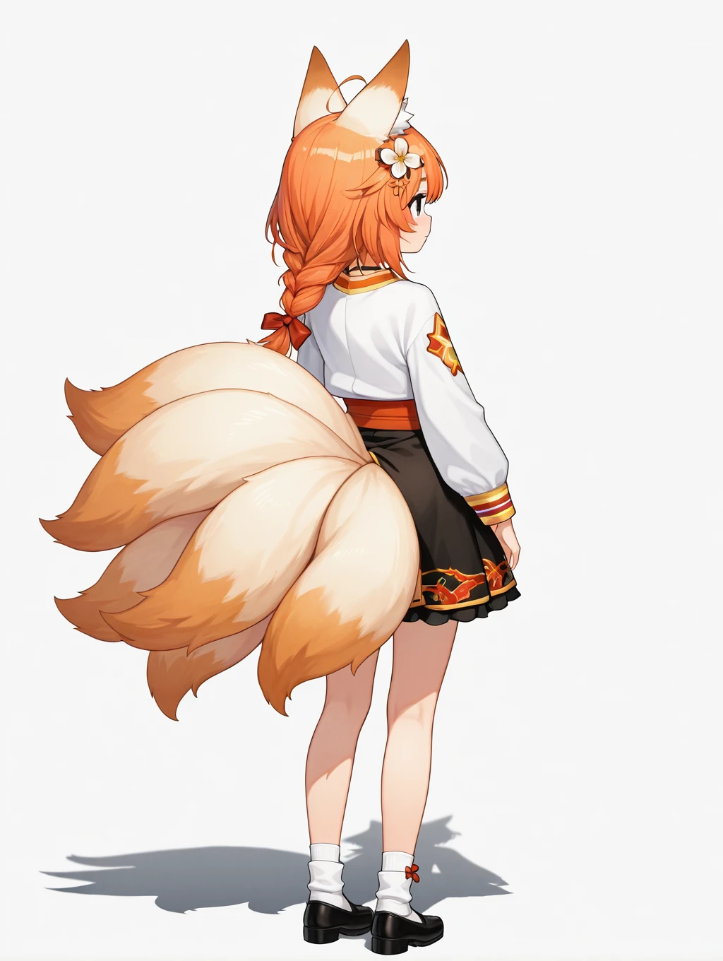 nari, 1girl, solo, skirt, simple background, hair ornament, long sleeves, white background, animal ears, standing, tail, full body, braid, flower, shoes, socks, hair flower, black skirt, from behind, black footwear, orange hair, animal ear fluff, fox ears, fox tail, shadow, white socks, fox girl, multiple tails

masterpiece, best quality,amazing quality, very aesthetic, absurdres, depth of field, blurry background, extremely detailed face, detailed eyes