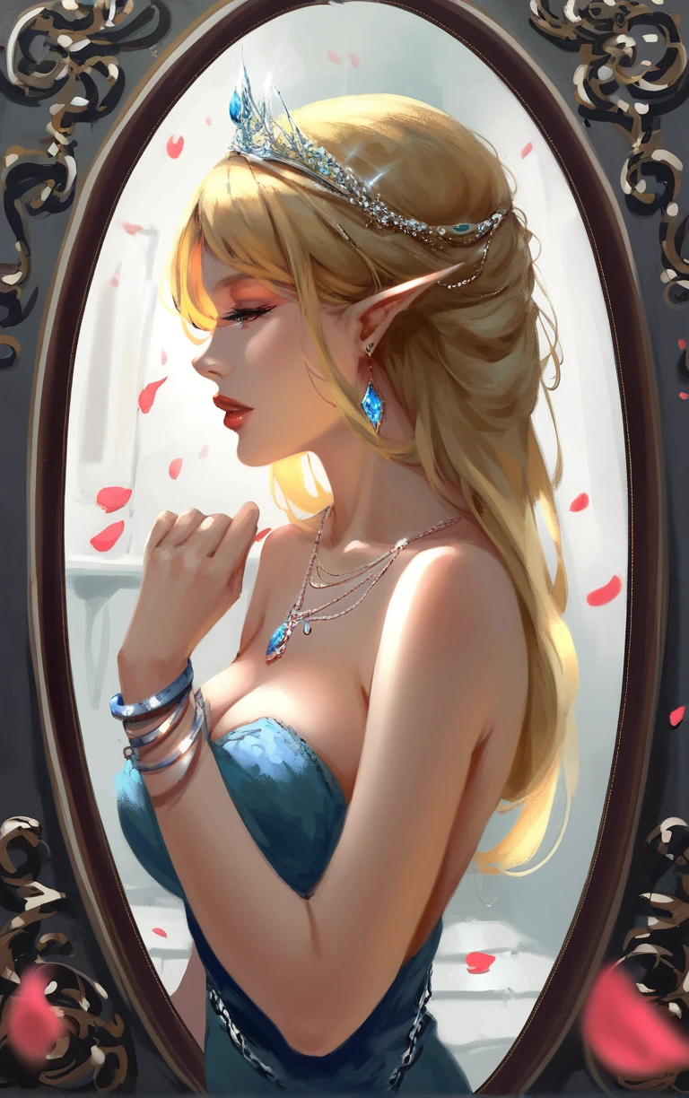 score_9, score_8_up, score_7_up, BREAK
PONYXL_STYLE_Wlop_ownwaifu, blurry background, depth of field,
1girl, long hair, jewelry,  bare shoulders, lips, pointy ears, necklace, earrings, 
blonde hair 
parted lips, elf,  breasts, bangs, hair ornament, cleavage, medium breasts,  dress, red lips, tiara, bracelet, gem, chain, makeup,
(profile, portrait, picture frame), falling petals, red petals, wall,  <lora:PONYXL_STYLE_Wlop_ownwaifu:0.85>, solo,