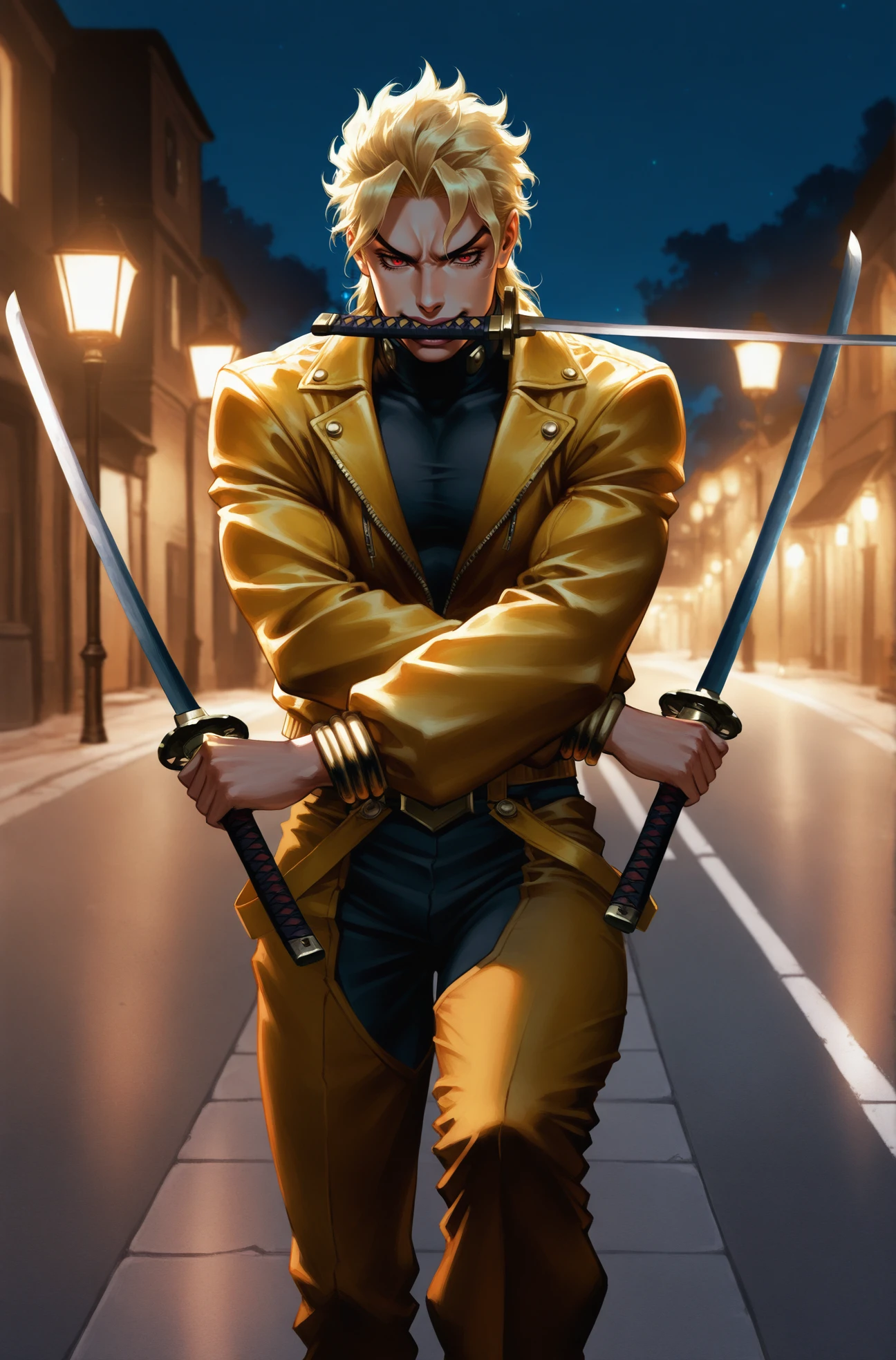 masterpiece, best quality,  2.5D, 
dio_brando, jojo_no_kimyou_na_bouken, 1boy, blonde_hair, red_eyes, yellow leather jacket,  street, night scene, lamps
 <lora:3 swords style [IL]:1> 3 swords style, santoryu, katana, mouth hold, holding sword, holding weapon, dual wielding ,