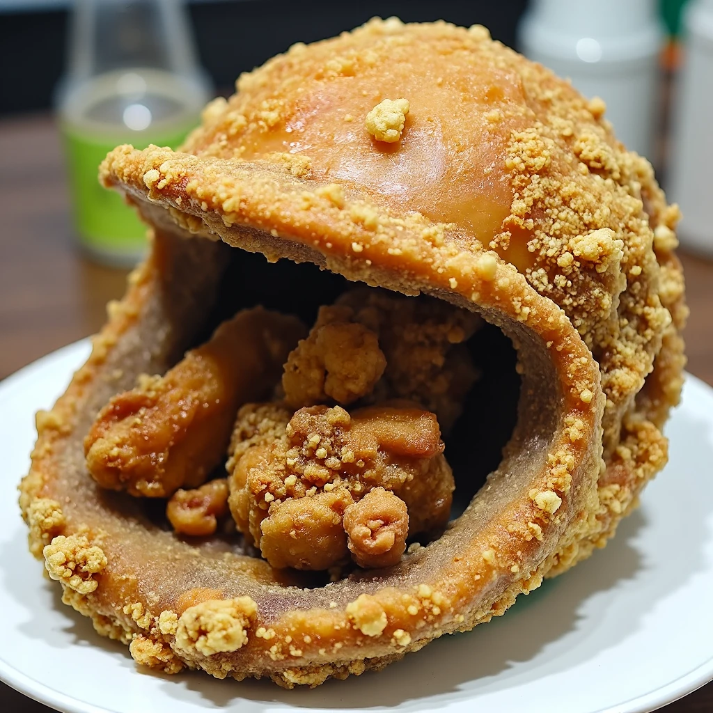 An entire helmet transformed into a golden-crusted novelty. The full-sized safety helmet, carefully battered and deep-fried while maintaining its protective shape, creates an extraordinary display of carnival absurdity taken to the extreme. The exterior shines with a uniformly crispy golden coating, while the intact helmet remains encased within, merging everyday practicality with culinary extravagance.