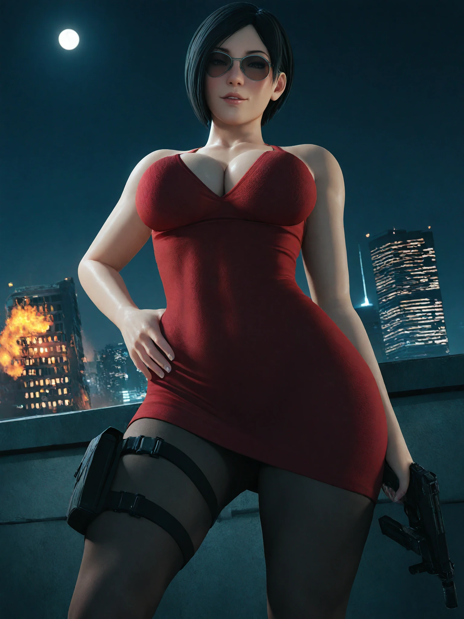 masterpiece, best quality, very awa, highres, absurdres, shadow, 3d, sidelighting, bloom,
1girl, ada wong, resident evil,
standing, cowboy shoy, holding gun, submachine gun, hand on own hip, from below,
mature female, solo, aviator sunglasses, glasses,
Looking at viewer, parted lips, blush, smirk,
brown eyes, short hair, black hair, bob cut,
red dress, black pantyhose, pantyhose,
large breasts, shiny skin, cleavage, thigh pouch, toned,
outdoors, on rooftop, city, burning building, night, moonlight, bloom,backlighting, moon, fingernails, 
 <lora:3DStyle NoobAIXL1_1FullTagged:1>