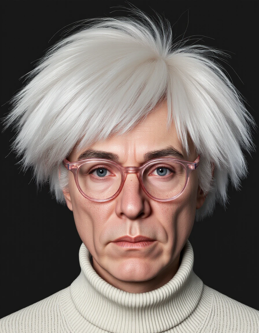 
professional 3d model of An Unreal Engine image of andywarhol_ with white hair and pink glasses. black background, portrait, close-up, freckles, realistic, nose, realistic, realism, octane render, highly detailed,