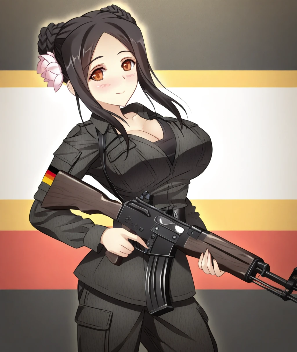 perfect quality, best quality, absolutely eye-catching, masterpiece, absurd res, ambient occlusion, raytracing, 1girl, solo, pham, smile, perky breasts, blush, german flag background, holding rifle, combat shirt, black undershirt, cleavage, combat pants